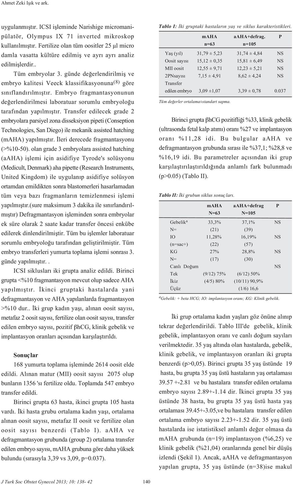 günde de erlendirilmifl ve embryo kalitesi Veeck klassifikasyonuna (8) göre s n fland r lm flt r. Embryo fragmantasyonunun de erlendirilmesi laboratuar sorumlu embryolo u taraf ndan yap lm flt r.