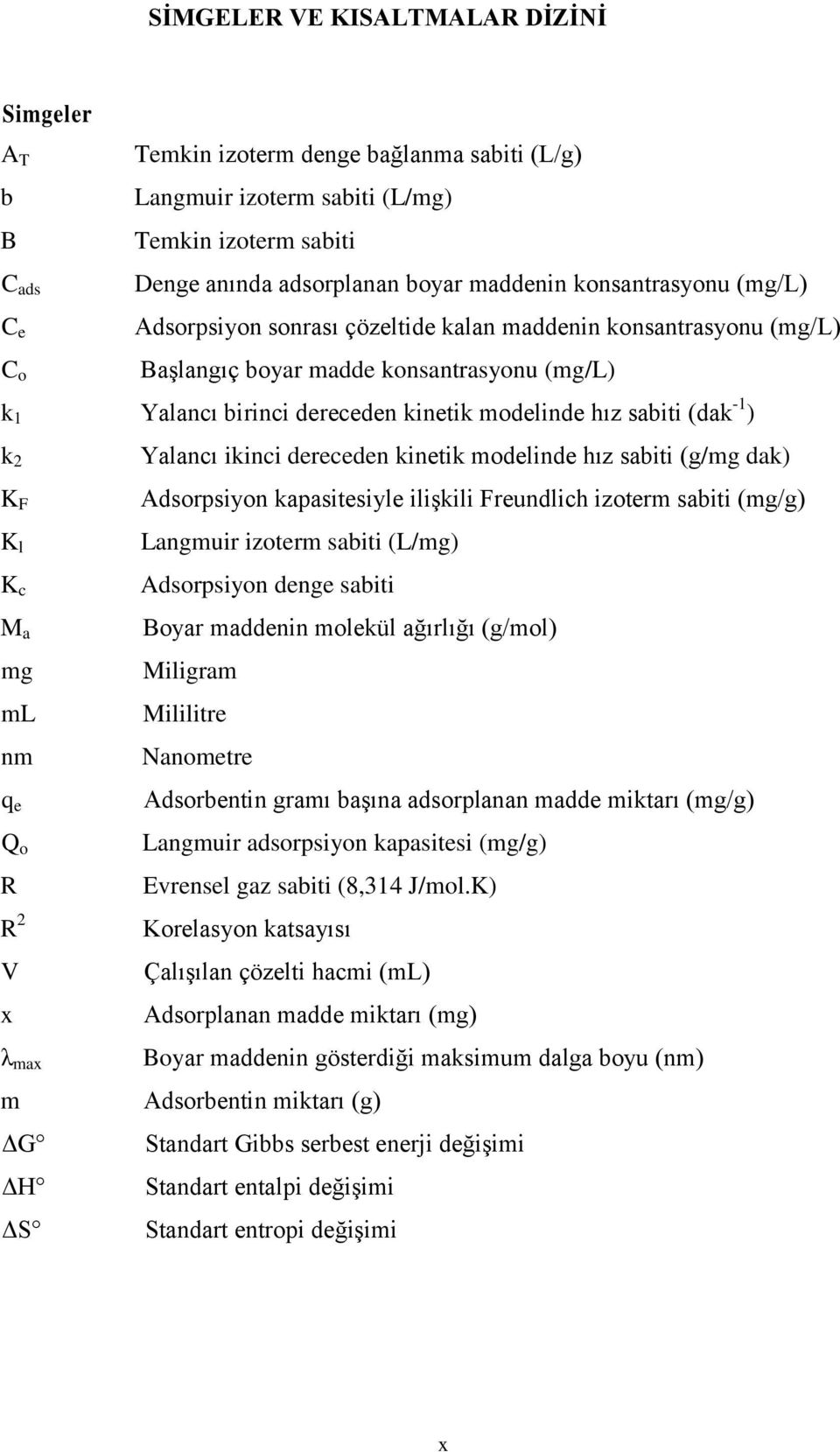 ) k 2 K F K l K c M a mg ml nm q e Q o R R 2 V x λ max m ΔG ΔH ΔS Yalancı ikinci dereceden kinetik modelinde hız sabiti (g/mg dak) Adsorpsiyon kapasitesiyle ilişkili Freundlich izoterm sabiti (mg/g)