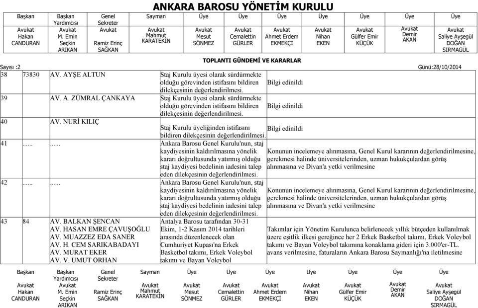 ..... Ankara Barosu Kurulu'nun, staj kaydiyesinin kaldırılmasına yönelik kararı doğrultusunda yatırmış olduğu staj kaydiyesi bedelinin iadesini talep eden dilekçesinin 42.