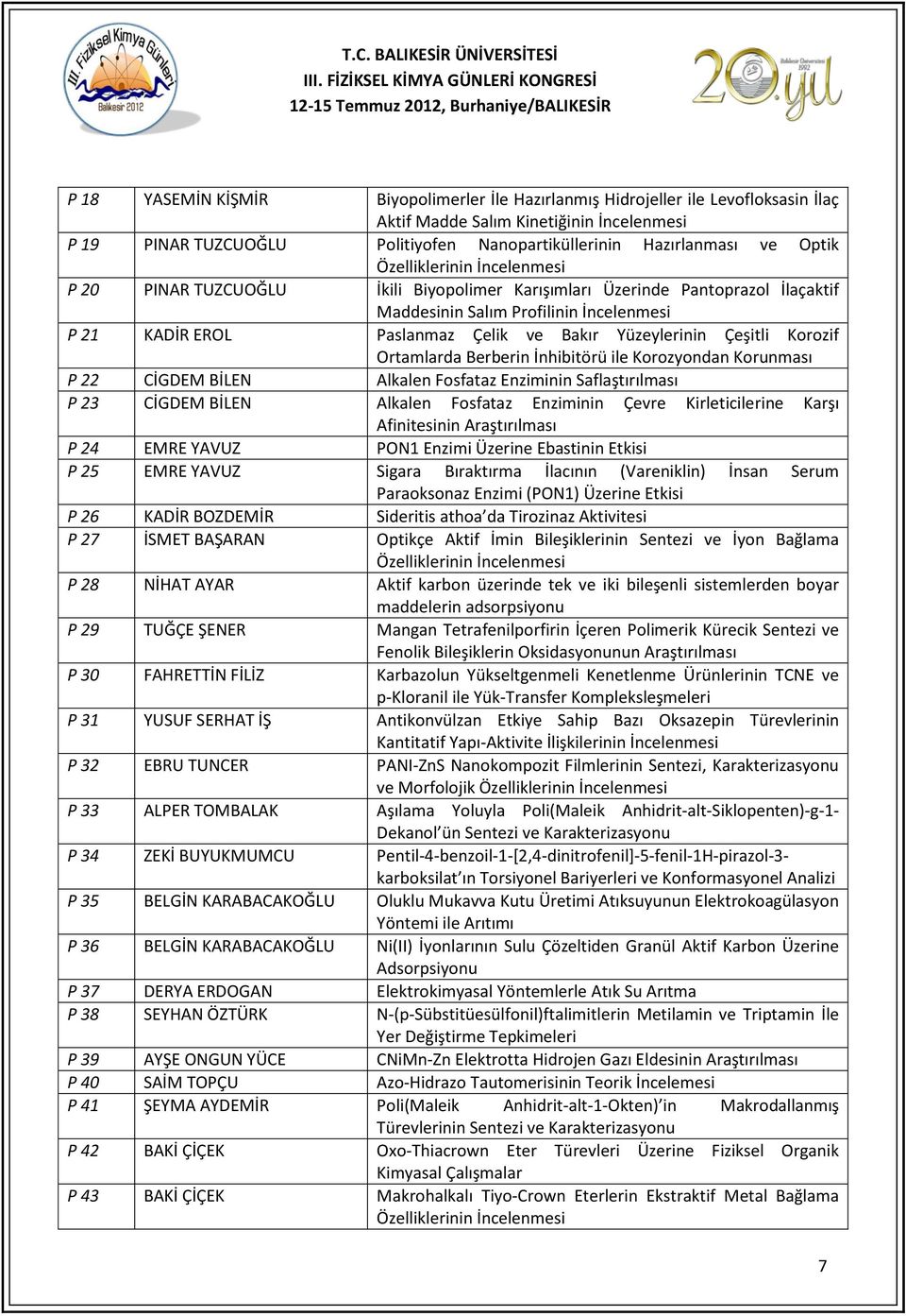 Ortamlarda Berberin İnhibitörü ile Korozyondan Korunması P 22 CİGDEM BİLEN Alkalen Fosfataz Enziminin Saflaştırılması P 23 CİGDEM BİLEN Alkalen Fosfataz Enziminin Çevre Kirleticilerine Karşı