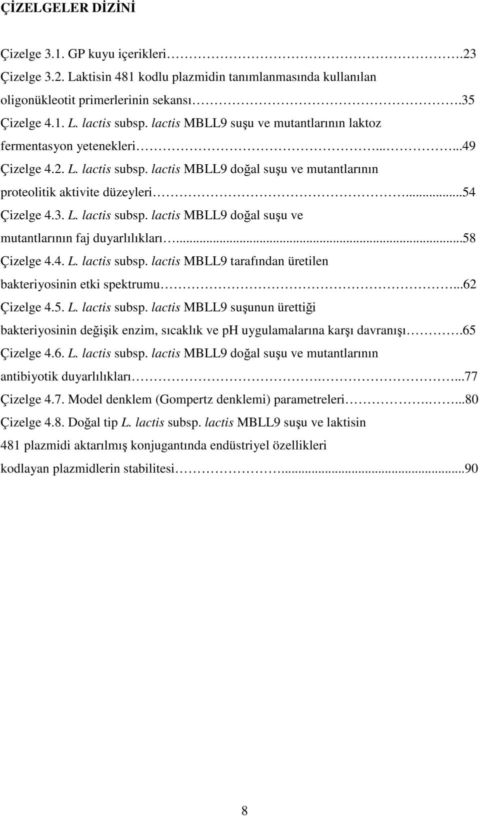 ..58 Çizelge 4.4. L. lactis subsp. lactis MBLL9 tarafından üretilen bakteriyosinin etki spektrumu...62 Çizelge 4.5. L. lactis subsp. lactis MBLL9 suşunun ürettiği bakteriyosinin değişik enzim, sıcaklık ve ph uygulamalarına karşı davranışı.