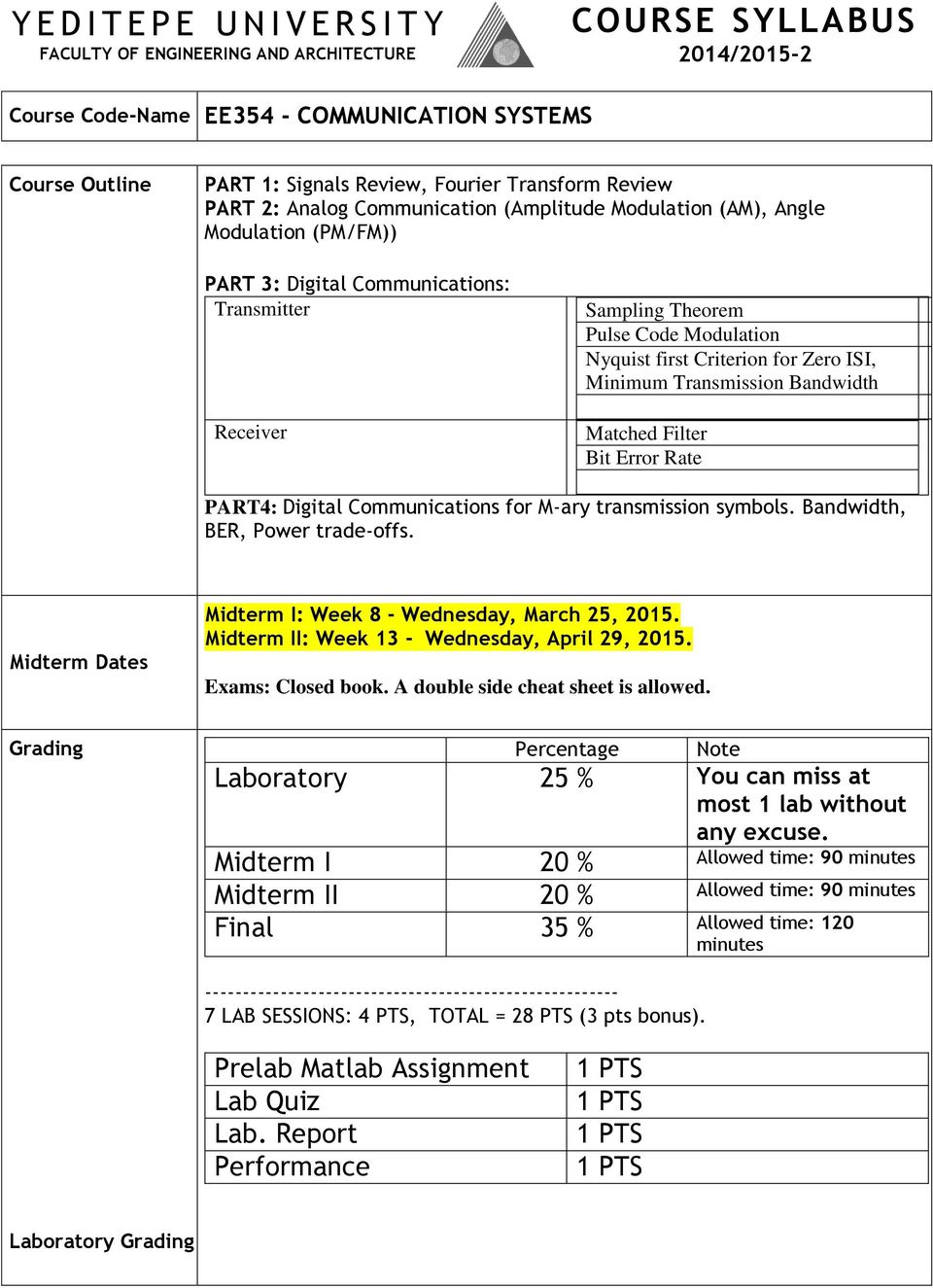 Bandwidth, BER, Power trade-offs. Midterm Dates Midterm I: Week 8 - Wednesday, March 25, 2015. Midterm II: Week 13 - Wednesday, April 29, 2015. Exams: Closed book.