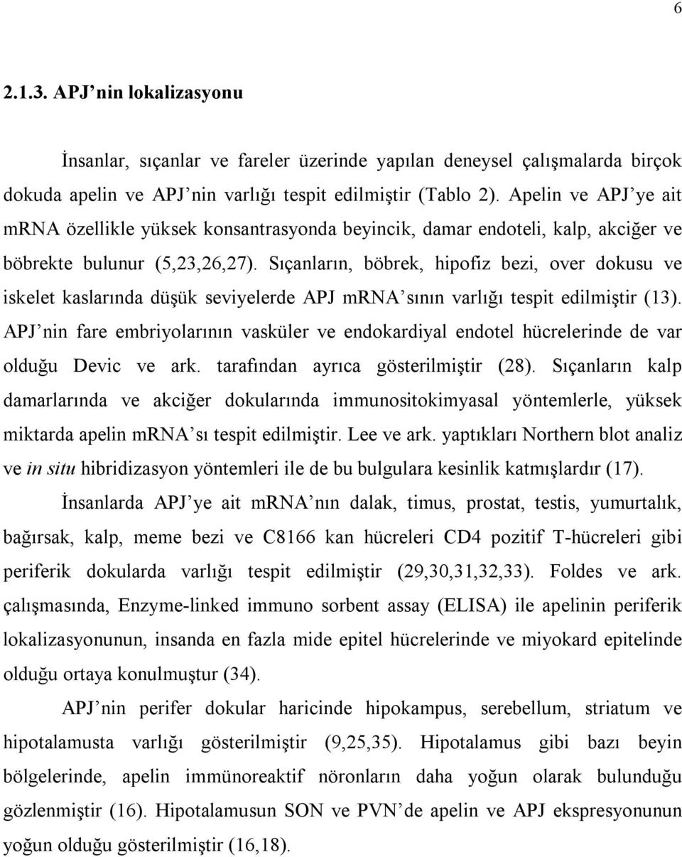 Sıçanların, böbrek, hipofiz bezi, over dokusu ve iskelet kaslarında düşük seviyelerde APJ mrna sının varlığı tespit edilmiştir (13).