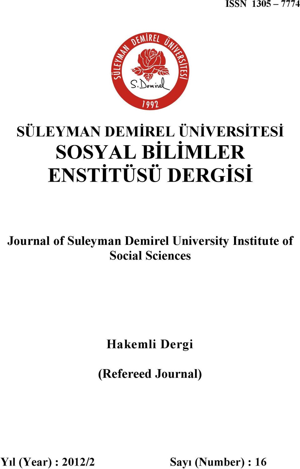 University Institute of Social Sciences Hakemli Dergi