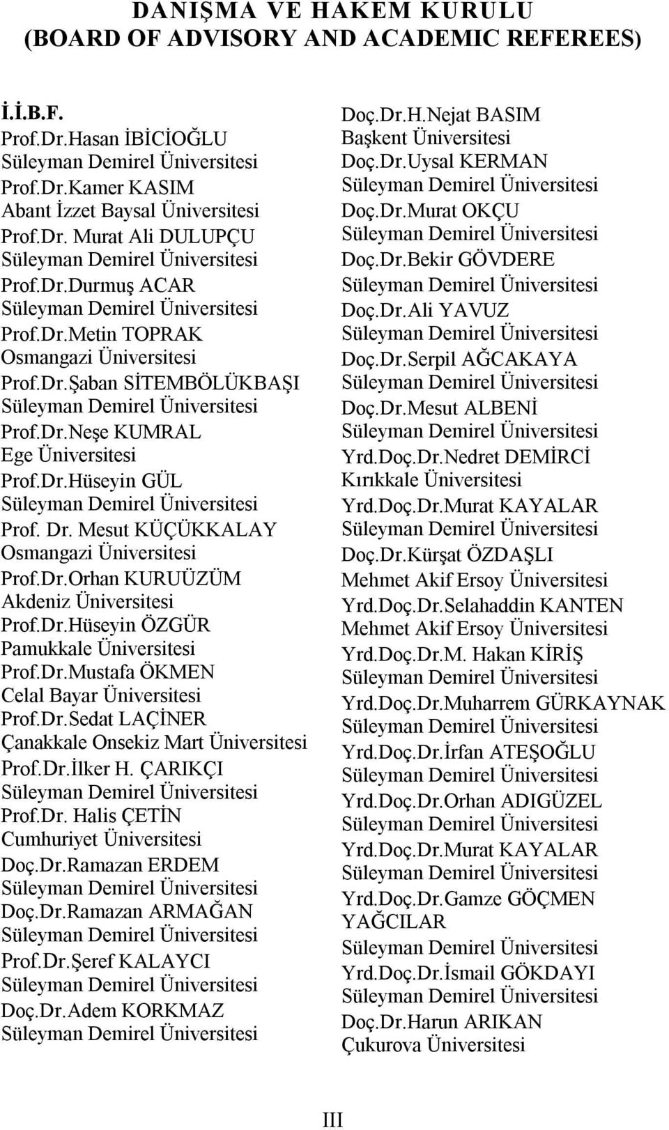 Dr.Hüseyin ÖZGÜR Pamukkale Üniversitesi Prof.Dr.Mustafa ÖKMEN Celal Bayar Üniversitesi Prof.Dr.Sedat LAÇİNER Çanakkale Onsekiz Mart Üniversitesi Prof.Dr.İlker H. ÇARIKÇI Prof.Dr. Halis ÇETİN Cumhuriyet Üniversitesi Doç.