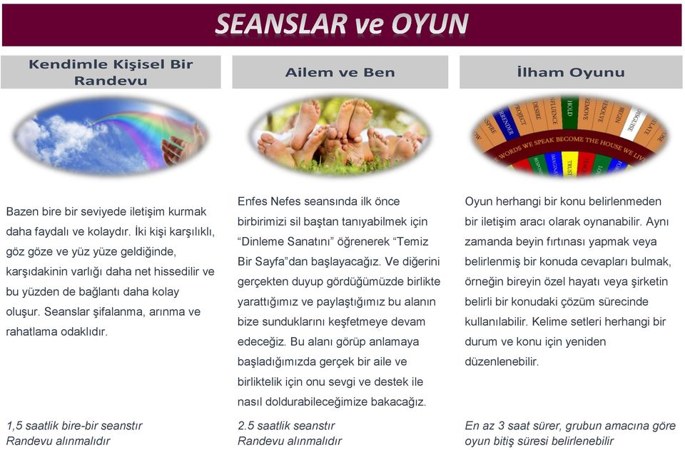 1,5 saatlik bire-bir seanstır Randevu alınmalıdır Enfes Nefes seansında ilk önce birbirimizi sil baştan tanıyabilmek için Dinleme Sanatını öğrenerek Temiz Bir Sayfa dan başlayacağız.