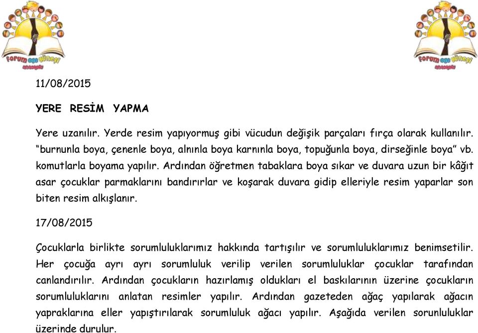 Ardından öğretmen tabaklara boya sıkar ve duvara uzun bir kâğıt asar çocuklar parmaklarını bandırırlar ve koşarak duvara gidip elleriyle resim yaparlar son biten resim alkışlanır.