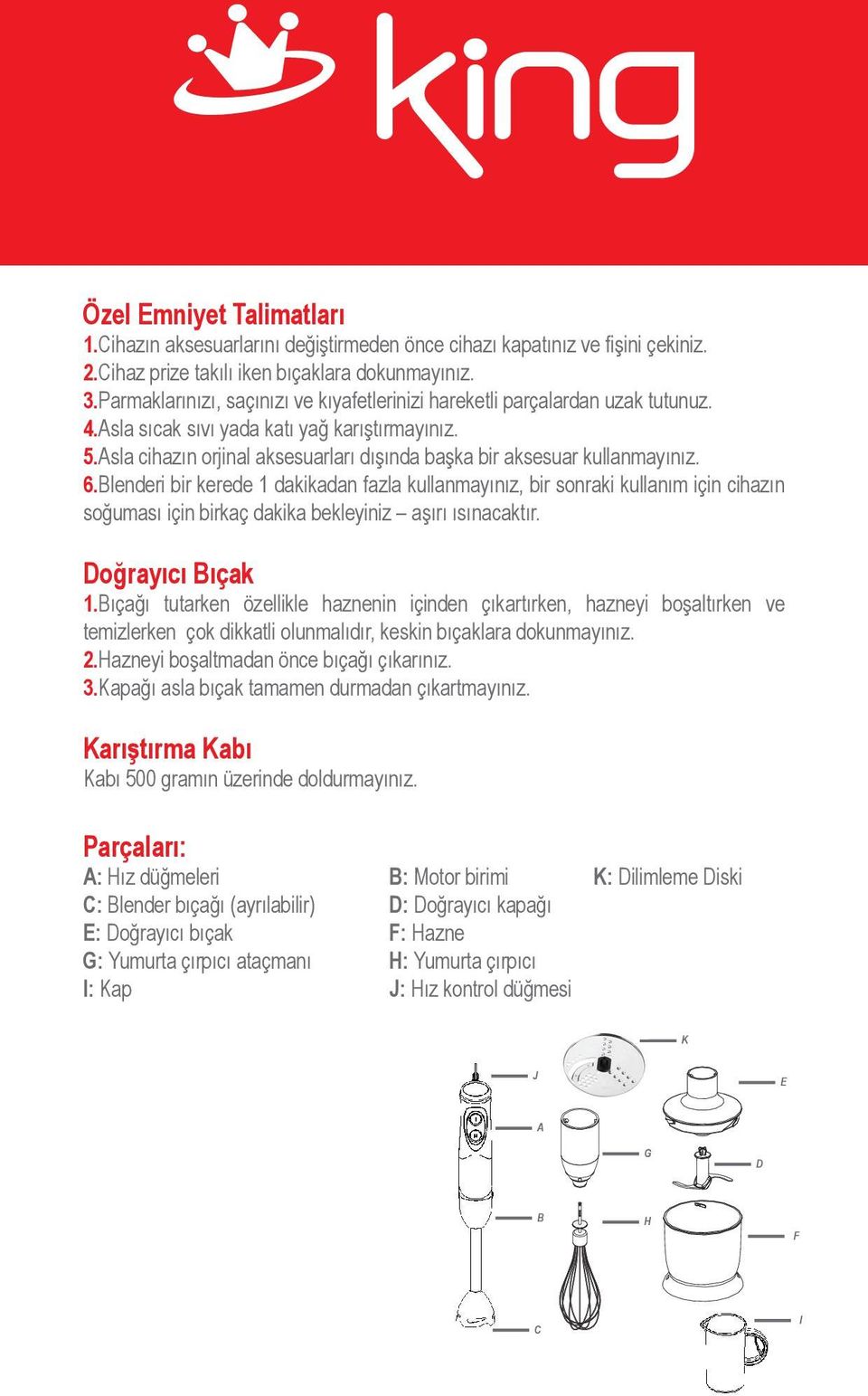 kullanmayınız, bir sonraki kullanım için cihazın soğuması için birkaç dakika bekleyiniz aşırı ısınacaktır Doğrayıcı Bıçak 1Bıçağı tutarken özellikle haznenin içinden çıkartırken, hazneyi boşaltırken