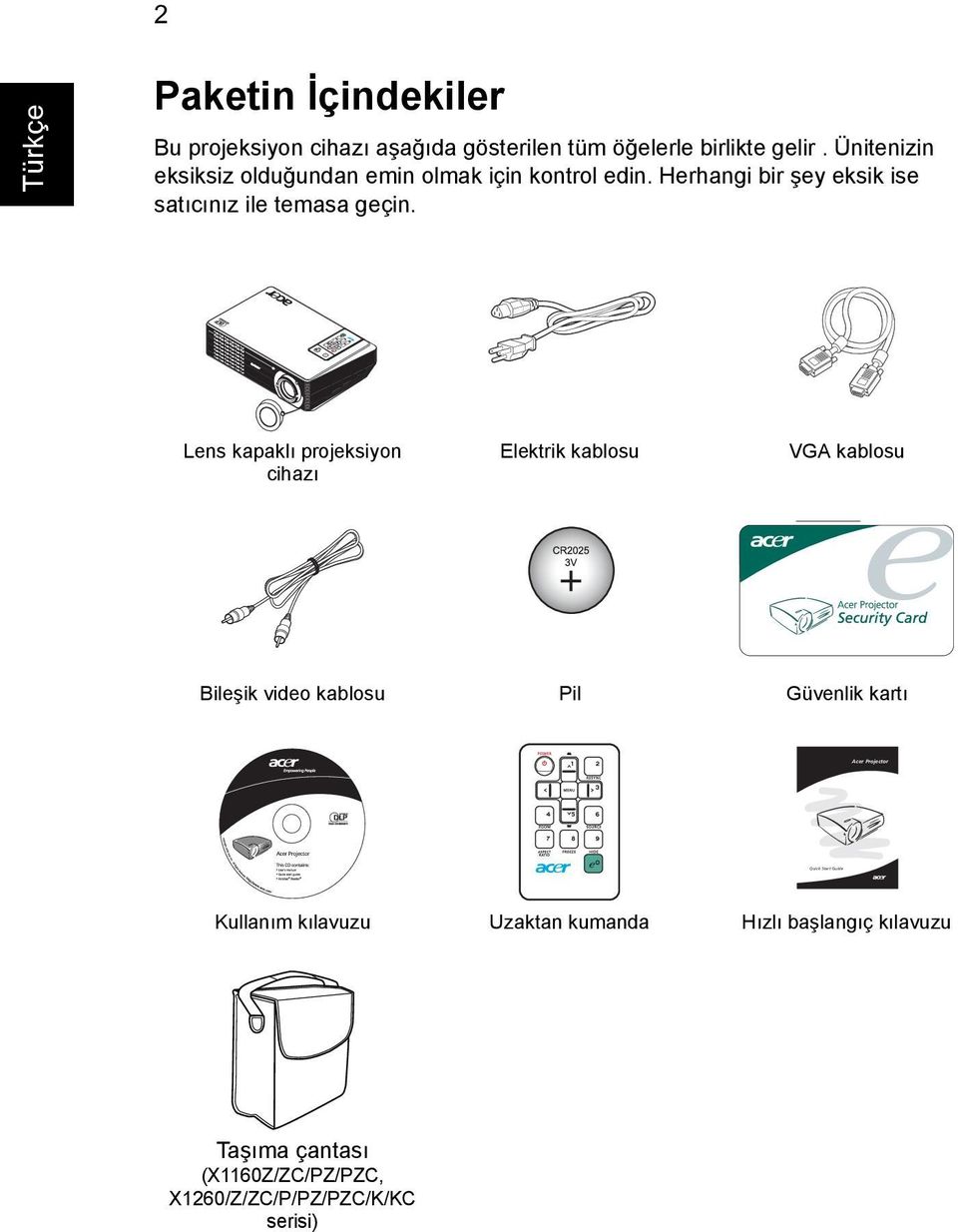 Lens kapaklı projeksiyon cihazı Elektrik kablosu VGA kablosu Bileşik video kablosu Pil Güvenlik kartı Acer Projector