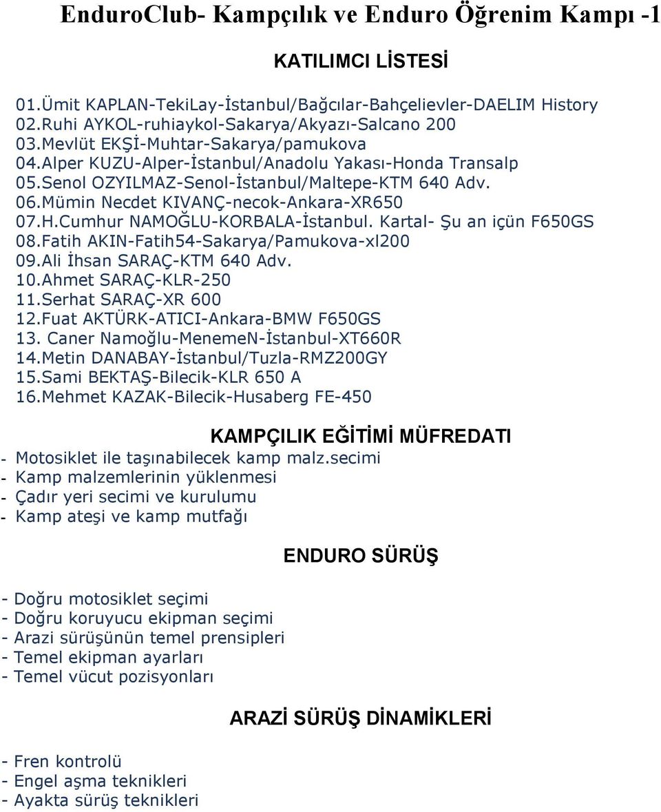 Kartal- Şu an içün F650GS 08.Fatih AKIN-Fatih54-Sakarya/Pamukova-xl200 09.Ali Đhsan SARAÇ-KTM 640 Adv. 10.Ahmet SARAÇ-KLR-250 11.Serhat SARAÇ-XR 600 12.Fuat AKTÜRK-ATICI-Ankara-BMW F650GS 13.