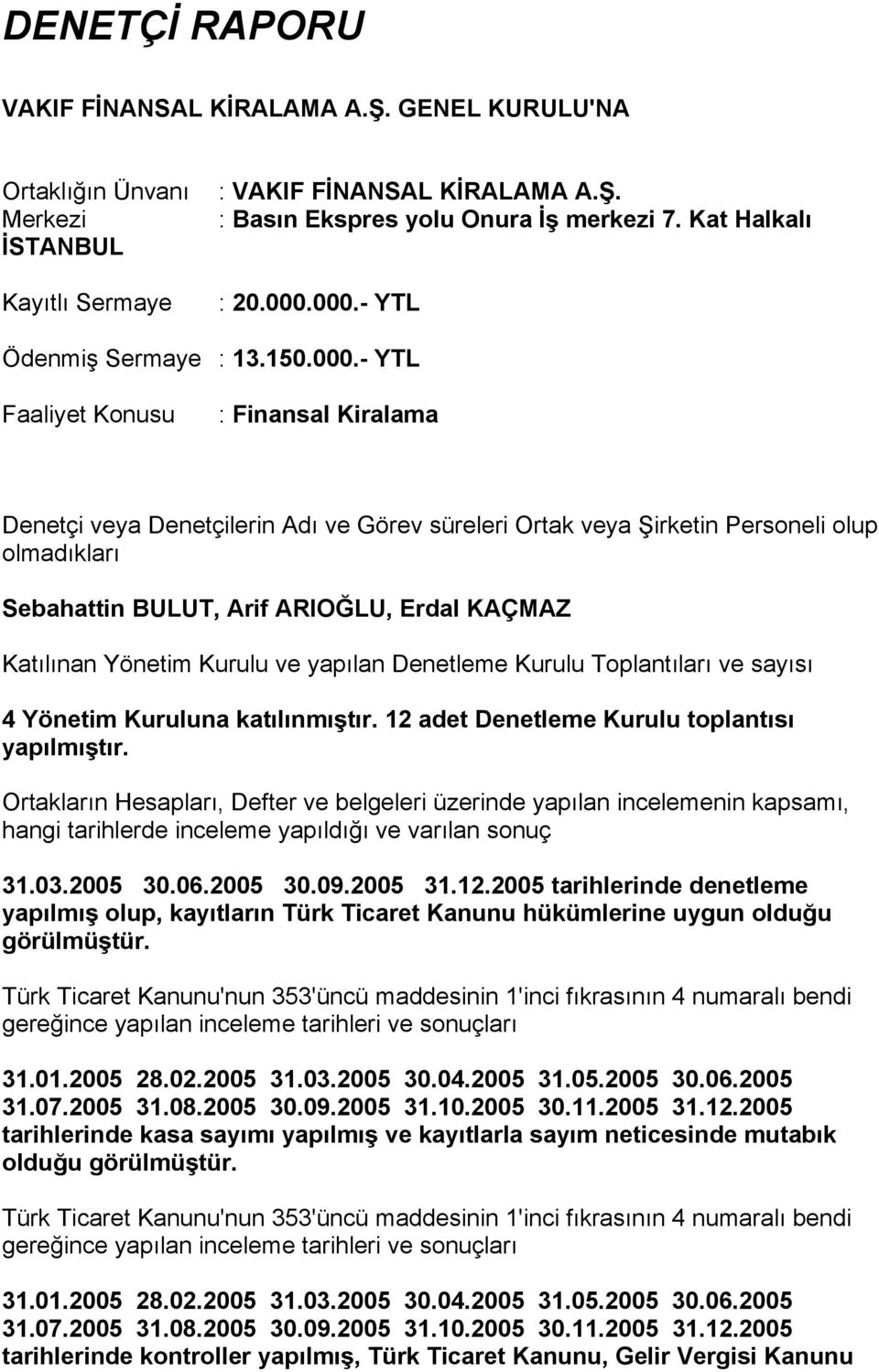 Arif ARIOĞLU, Erdal KAÇMAZ Katılınan Yönetim Kurulu ve yapılan Denetleme Kurulu Toplantıları ve sayısı 4 Yönetim Kuruluna katılınmıştır. 12 adet Denetleme Kurulu toplantısı yapılmıştır.