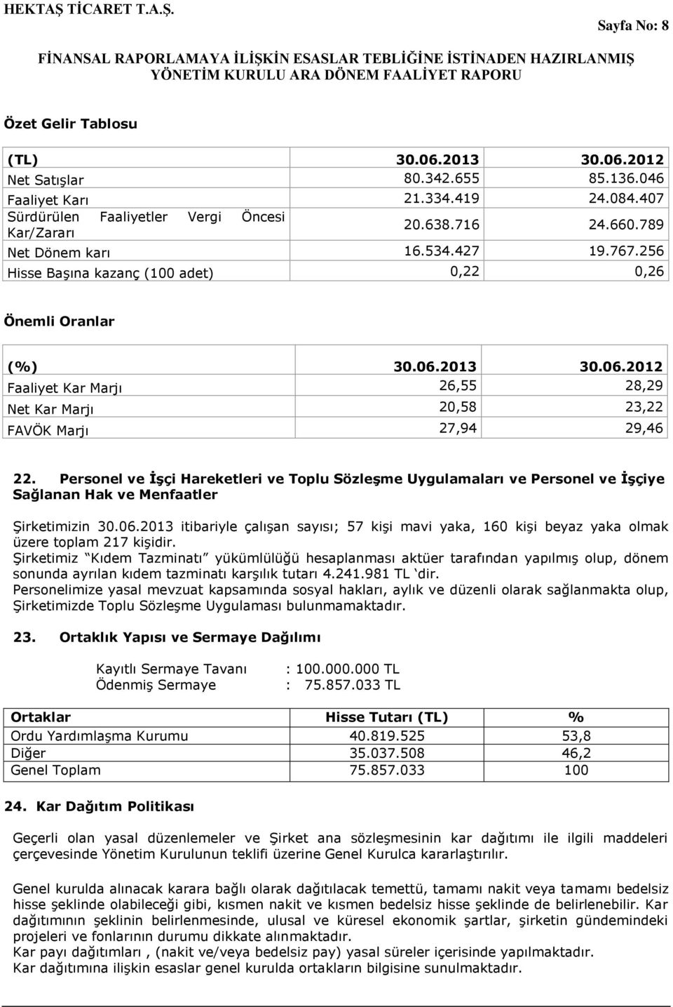 Personel ve İşçi Hareketleri ve Toplu Sözleşme Uygulamaları ve Personel ve İşçiye Sağlanan Hak ve Menfaatler Şirketimizin 30.06.