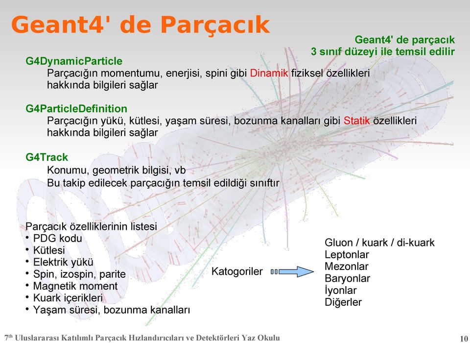 sağlar G4Track Konumu, geometrik bilgisi, vb Bu takip edilecek parçacığın temsil edildiği sınıftır Parçacık özelliklerinin listesi PDG kodu Kütlesi Elektrik yükü