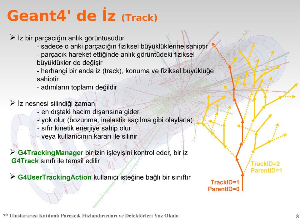 hacim dışarısına gider - yok olur (bozunma, inelastik saçılma gibi olaylarla) - sıfır kinetik enerjiye sahip olur - veya kullanıcının kararı ile silinir G4TrackingManager