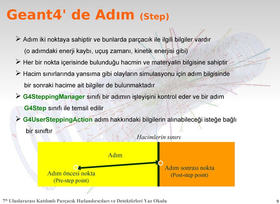 hacime ait bilgiler de bulunmaktadır G4SteppingManager sınıfı bir adımın işleyişini kontrol eder ve bir adım G4Step sınıfı ile temsil edilir G4UserSteppingAction