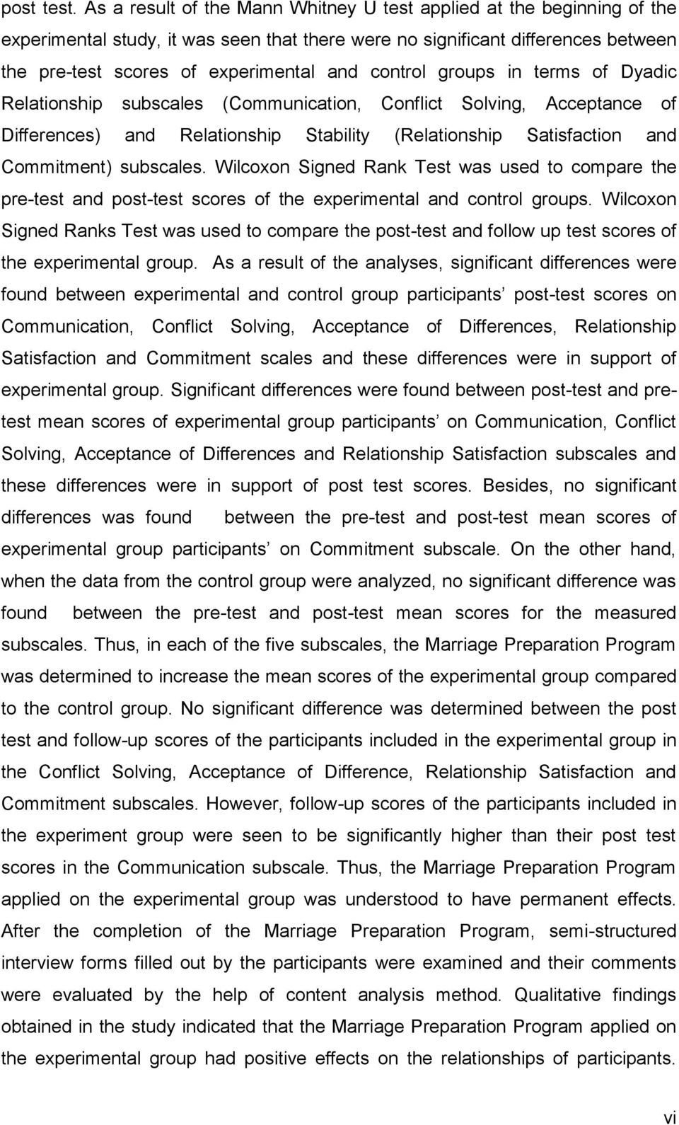 control groups in terms of Dyadic Relationship subscales (Communication, Conflict Solving, Acceptance of Differences) and Relationship Stability (Relationship Satisfaction and Commitment) subscales.