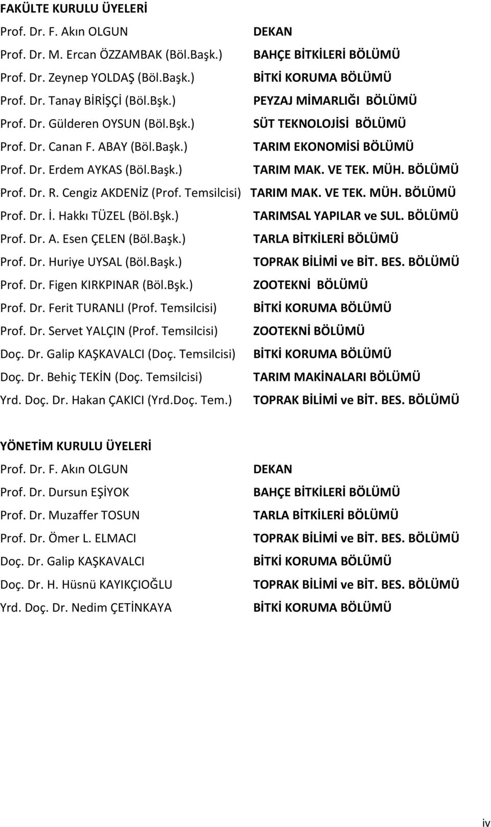 MÜH. BÖLÜMÜ Prof. Dr. R. Cengiz AKDENİZ (Prof. Temsilcisi) TARIM MAK. VE TEK. MÜH. BÖLÜMÜ Prof. Dr. İ. Hakkı TÜZEL (Böl.Bşk.) TARIMSAL YAPILAR ve SUL. BÖLÜMÜ Prof. Dr. A. Esen ÇELEN (Böl.Başk.