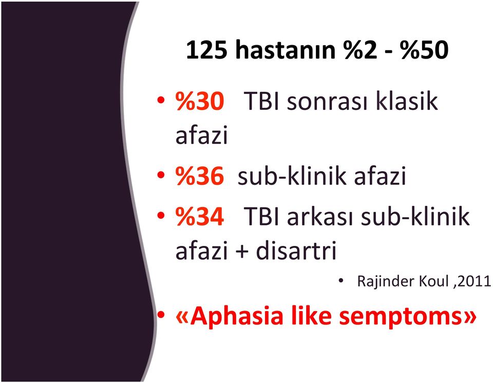 TBI arkası sub-klinik afazi + disartri