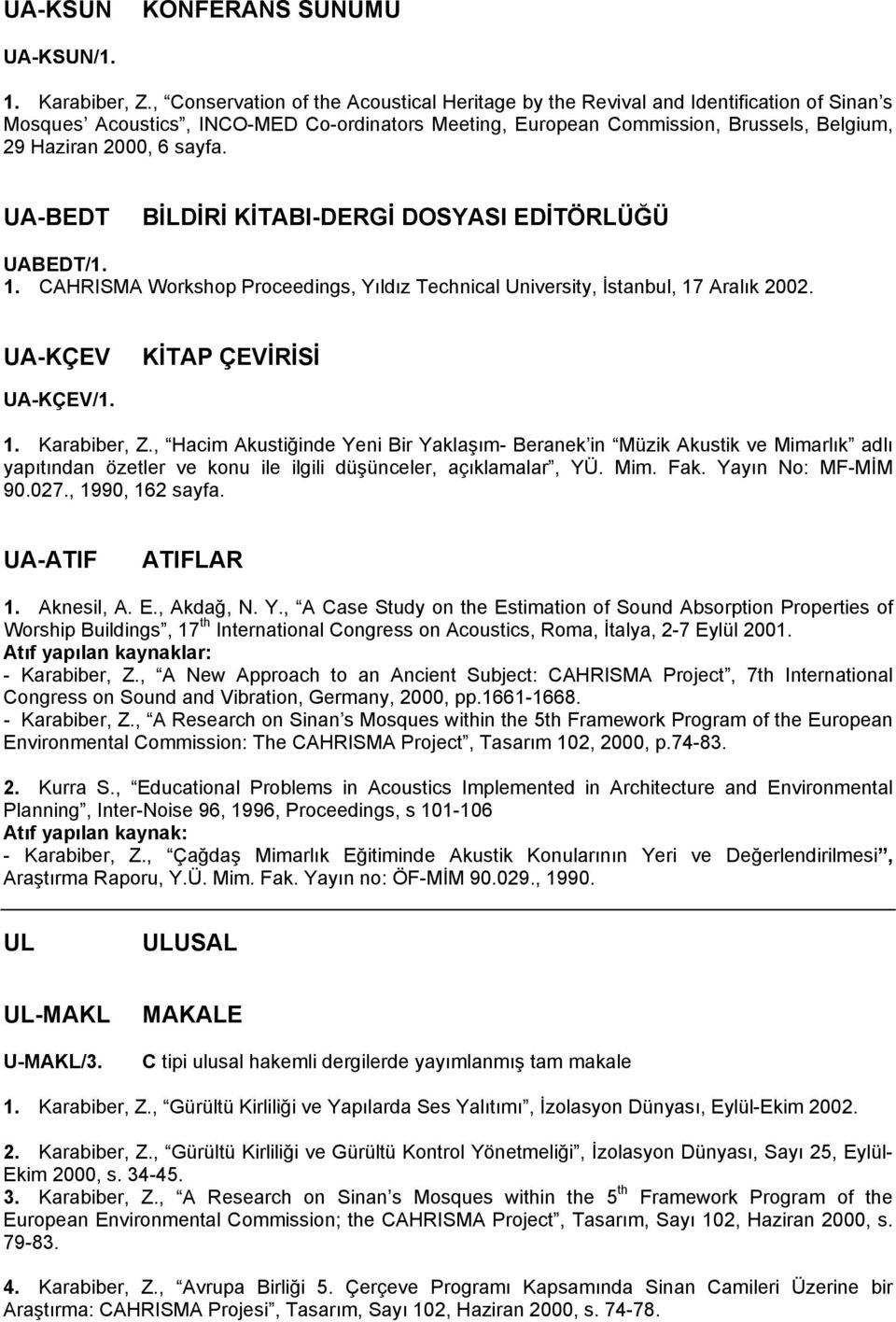 sayfa. UA-BEDT BİLDİRİ KİTABI-DERGİ DOSYASI EDİTÖRLÜĞÜ UABEDT/1. 1. CAHRISMA Workshop Proceedings, Yıldız Technical University, İstanbul, 17 Aralık 2002. UA-KÇEV KİTAP ÇEVİRİSİ UA-KÇEV/1. 1. Karabiber, Z.