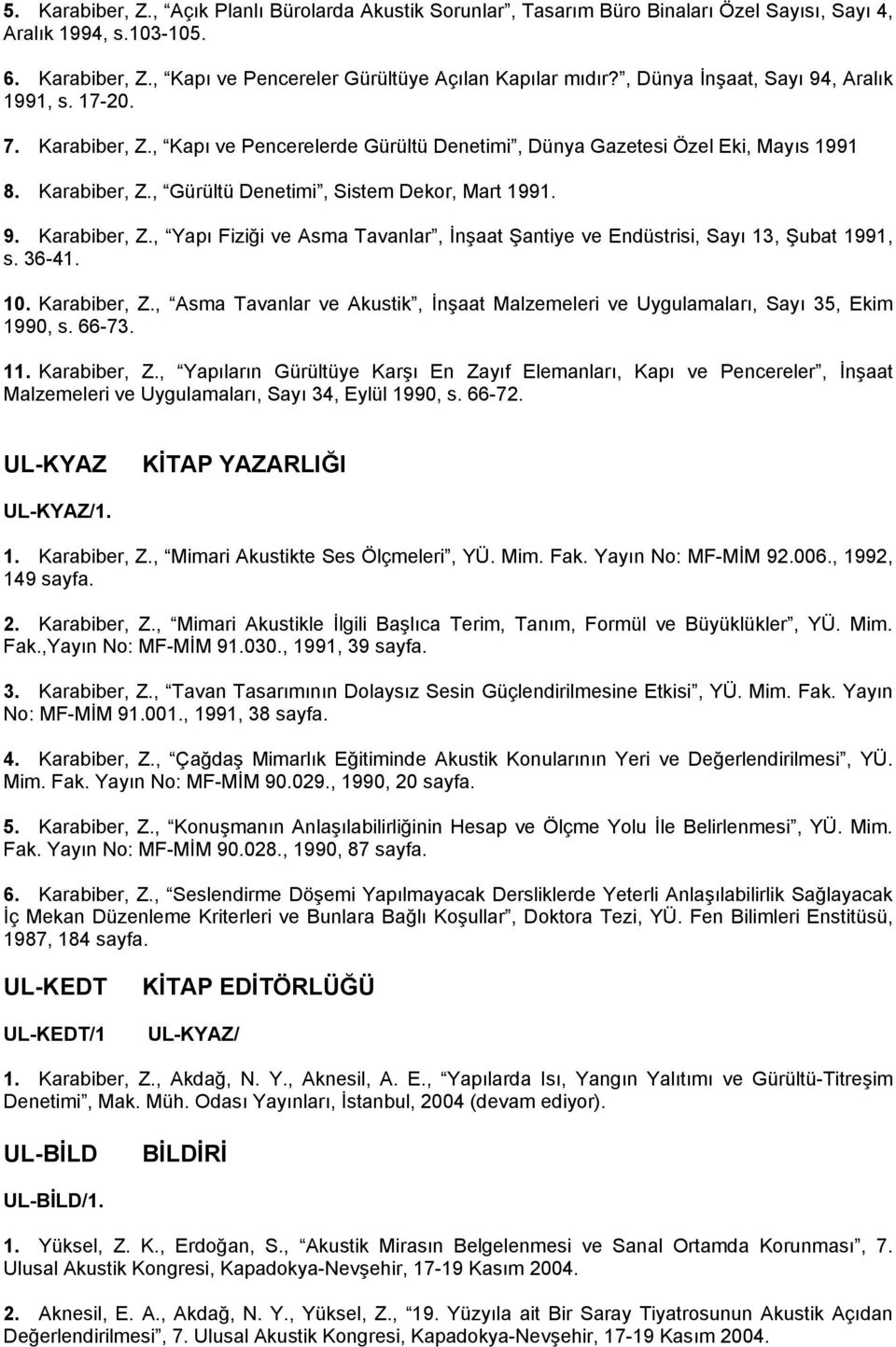 9. Karabiber, Z., Yapı Fiziği ve Asma Tavanlar, İnşaat Şantiye ve Endüstrisi, Sayı 13, Şubat 1991, s. 36-41. 10. Karabiber, Z., Asma Tavanlar ve Akustik, İnşaat Malzemeleri ve Uygulamaları, Sayı 35, Ekim 1990, s.