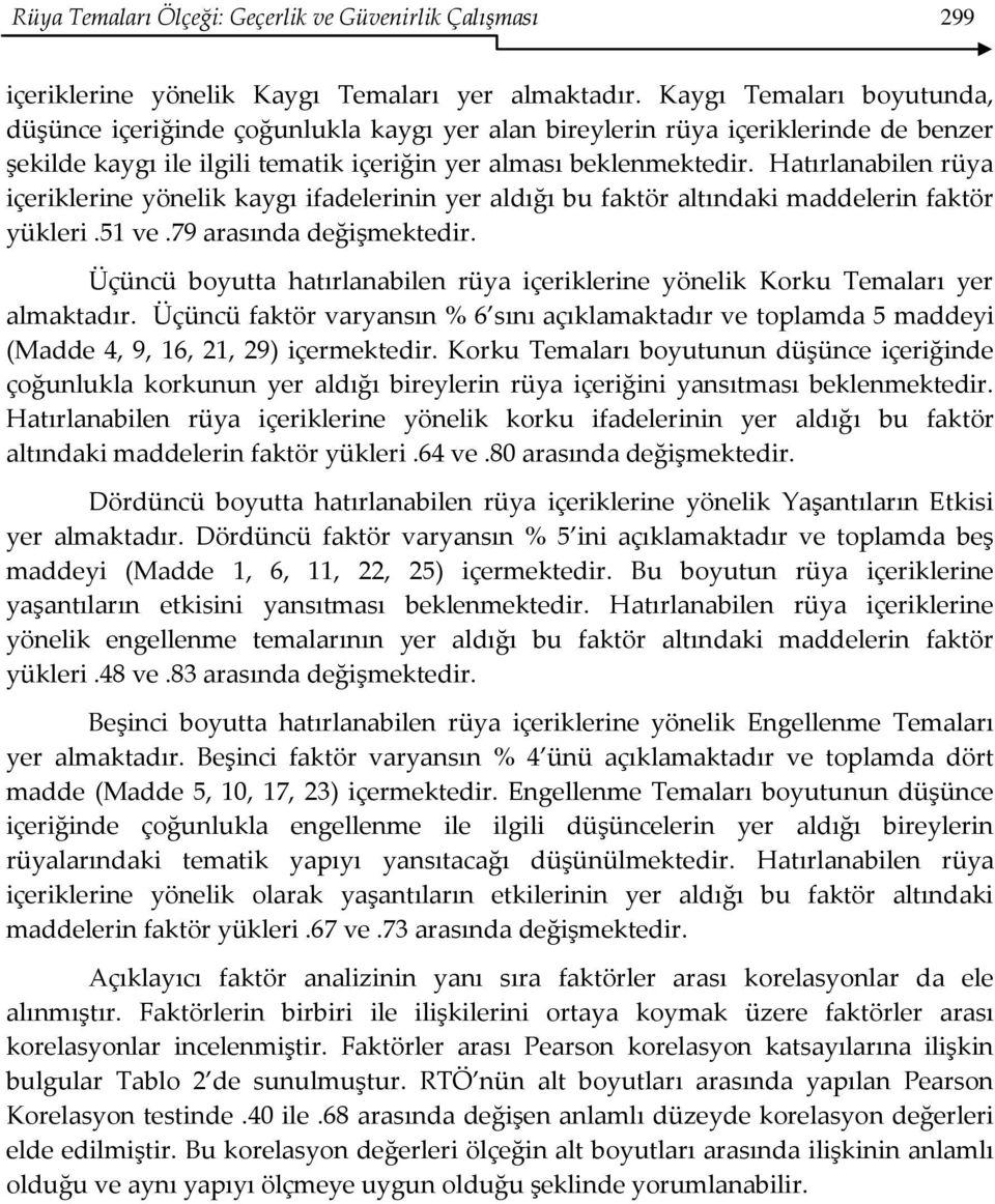 Hatırlanabilen rüya içeriklerine yönelik kaygı ifadelerinin yer aldığı bu faktör altındaki maddelerin faktör yükleri.51 ve.79 arasında değişmektedir.