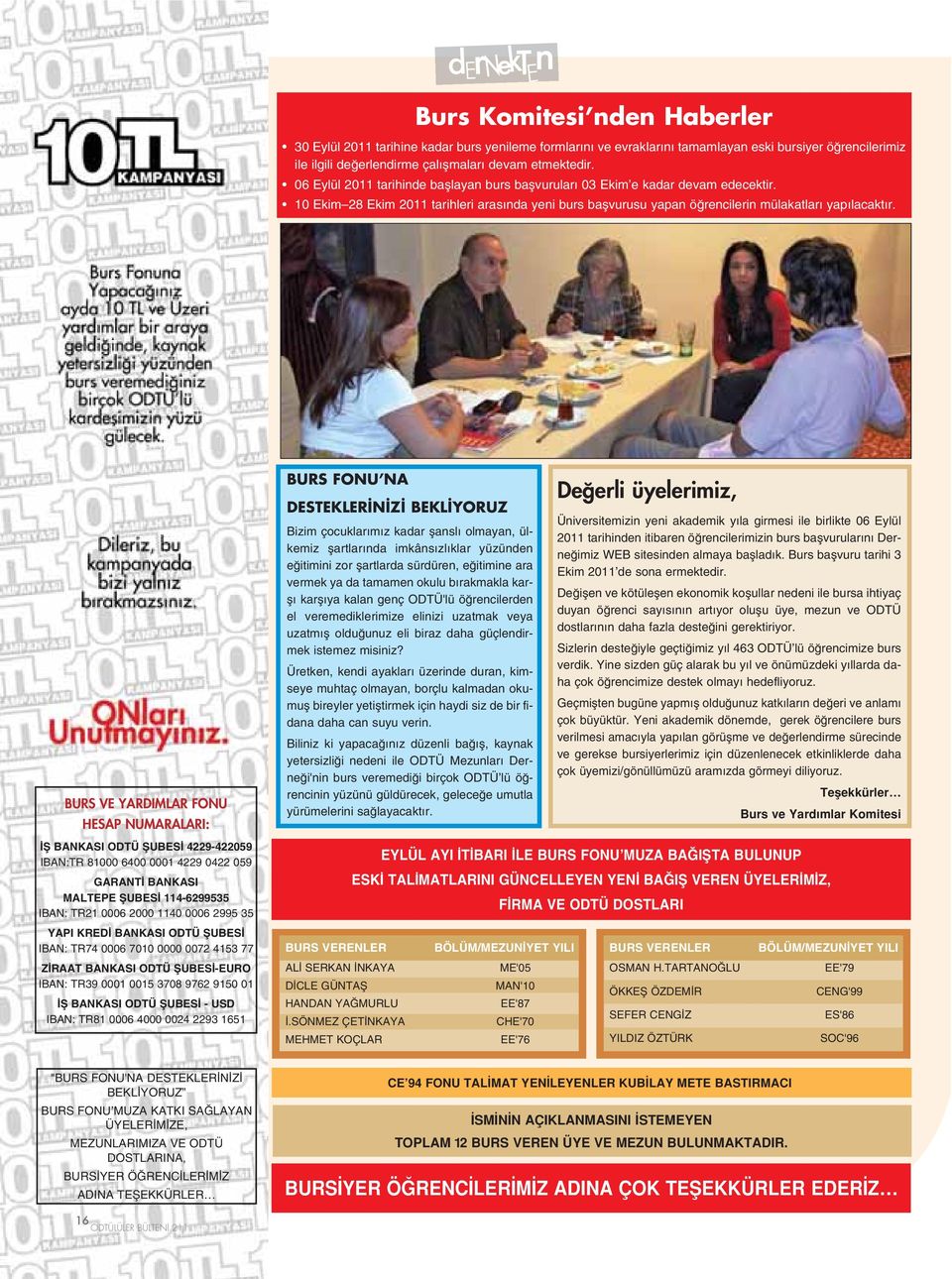 BURS VE YARDIMLAR FONU HESAP NUMARALARI: fi BANKASI ODTÜ fiubes 4229-422059 IBAN:TR 81000 6400 0001 4229 0422 059 GARANT BANKASI MALTEPE fiubes 114-6299535 IBAN: TR21 0006 2000 1140 0006 2995 35 YAPI