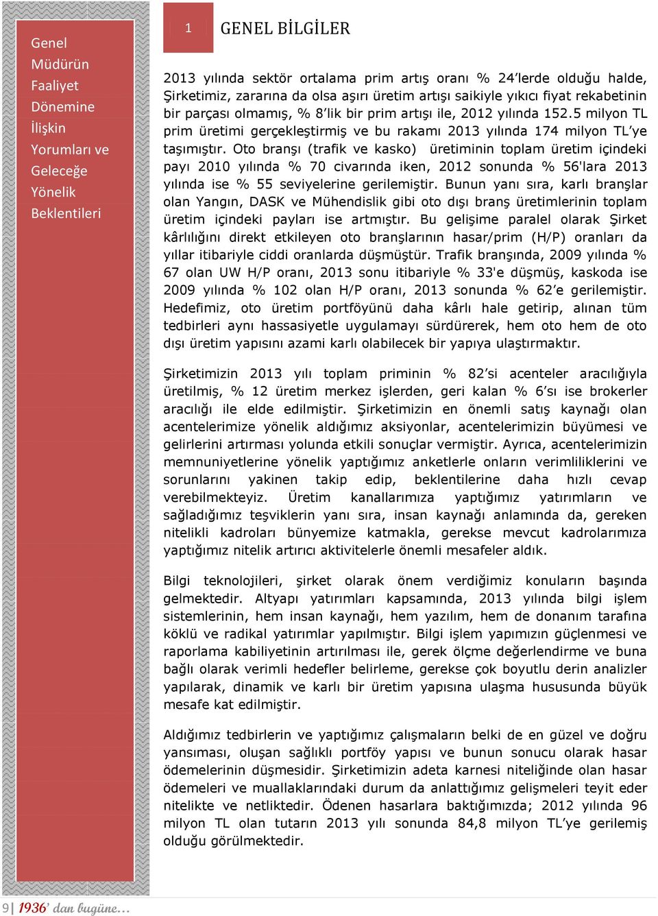 5 milyon TL prim üretimi gerçekleştirmiş ve bu rakamı 2013 yılında 174 milyon TL ye taşımıştır.