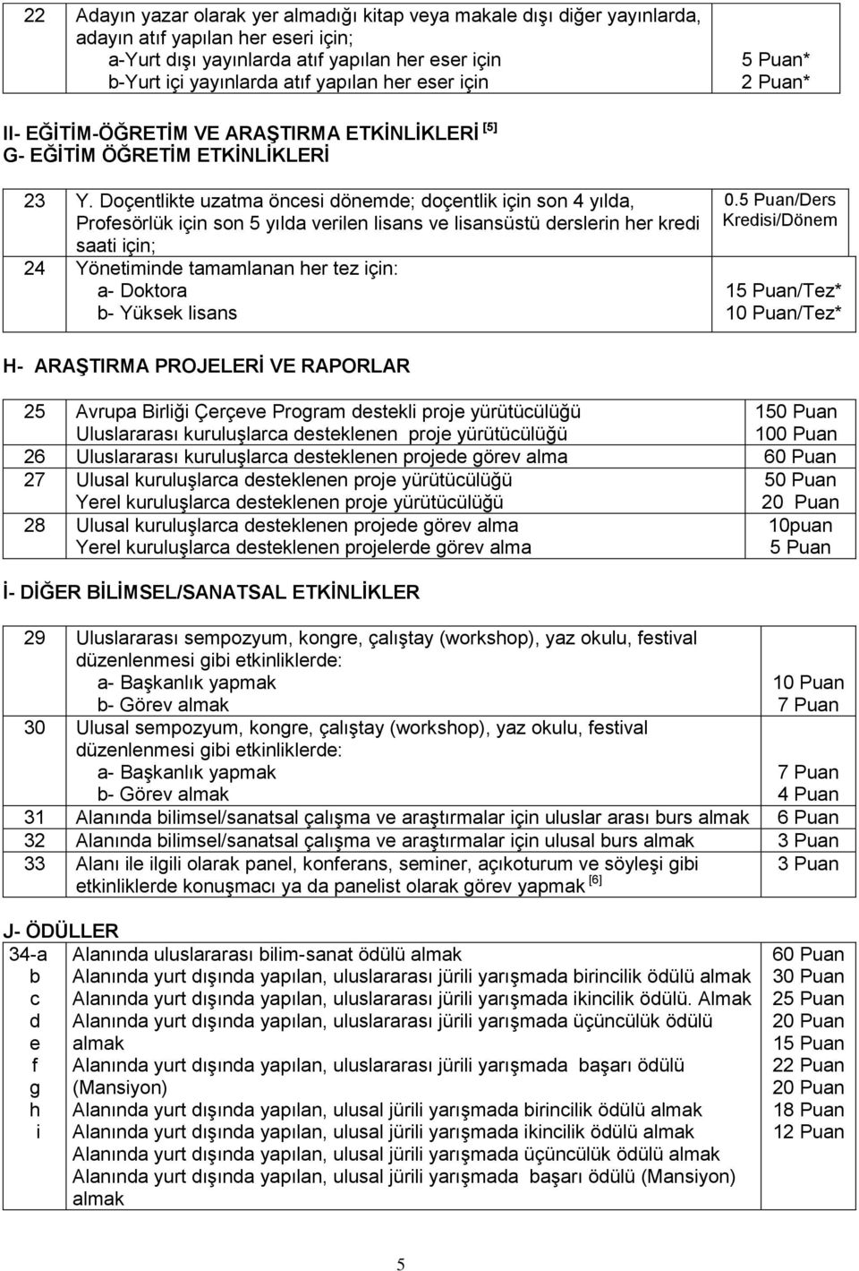 Doçentlikte uzatma öncesi dönemde; doçentlik için son 4 yılda, Profesörlük için son 5 yılda verilen lisans ve lisansüstü derslerin her kredi saati için; 24 Yönetiminde tamamlanan her tez için: a-