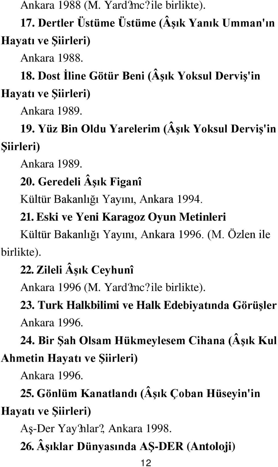 Geredeli Âşık Figanî Kültür Bakanlığı Yayını, Ankara 1994. 21. Eski ve Yeni Karagoz Oyun Metinleri Kültür Bakanlığı Yayını, Ankara 1996. (M. Özlen ile birlikte). 22.