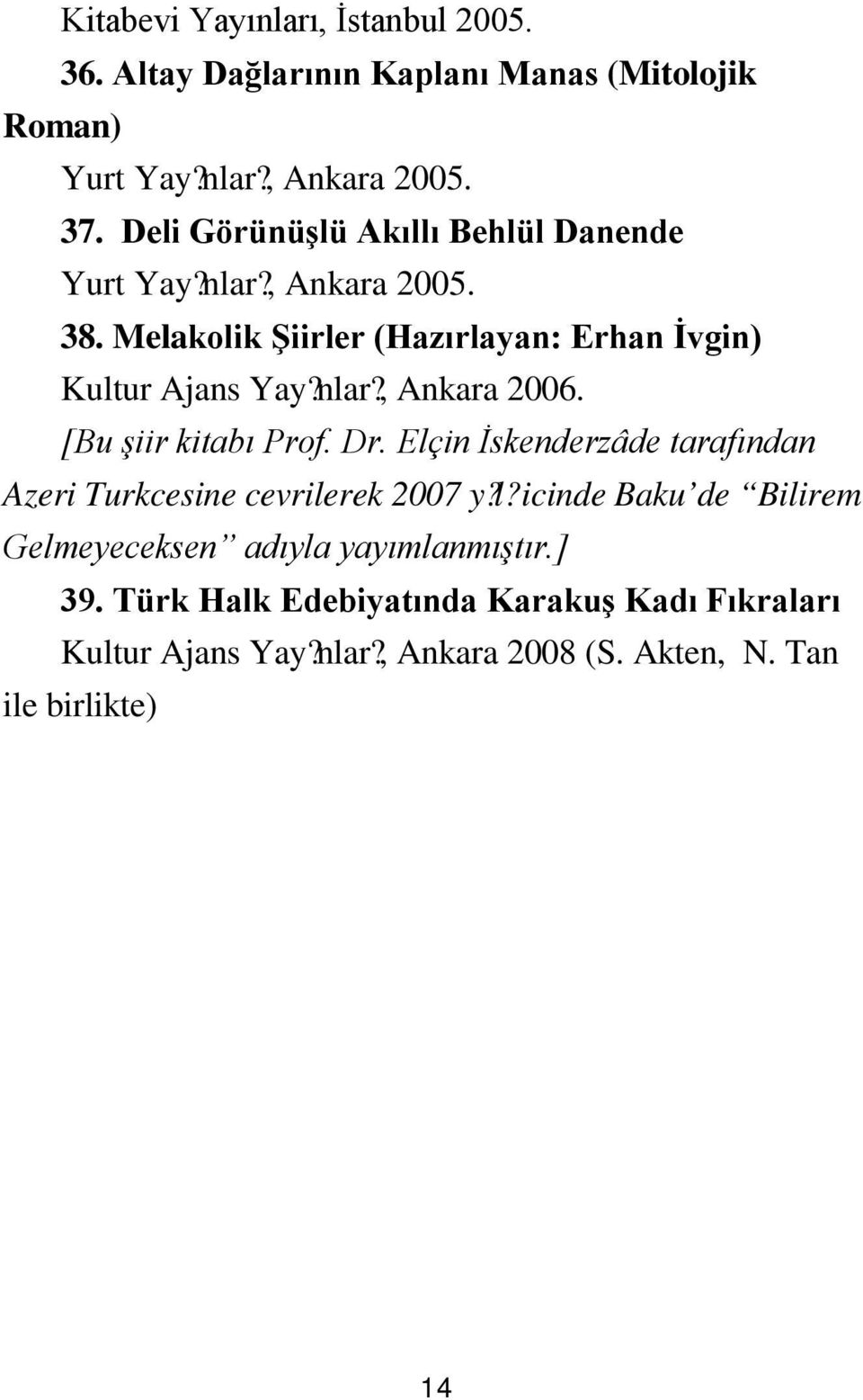 [Bu şiir kitabı Prof. Dr. Elçin İskenderzâde tarafından Azeri Turkcesine cevrilerek 2007 y? l?