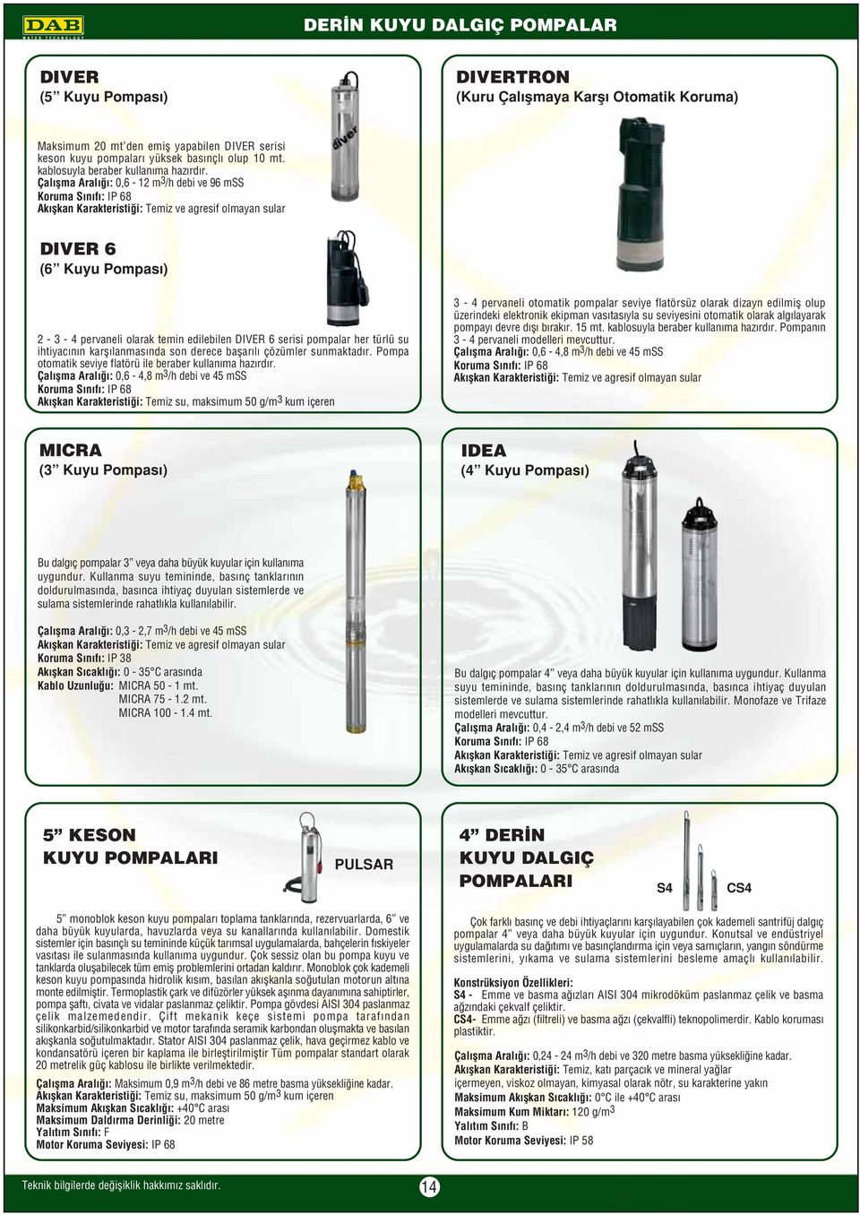 Çal flma Aral : 0,6 2 m 3 /h debi ve 96 mss Koruma S n f : IP 68 Ak flkan Karakteristi i: Temiz ve agresif olmayan sular DIVER 6 (6 Kuyu Pompas ) 2 3 4 pervaneli olarak temin edilebilen DIVER 6