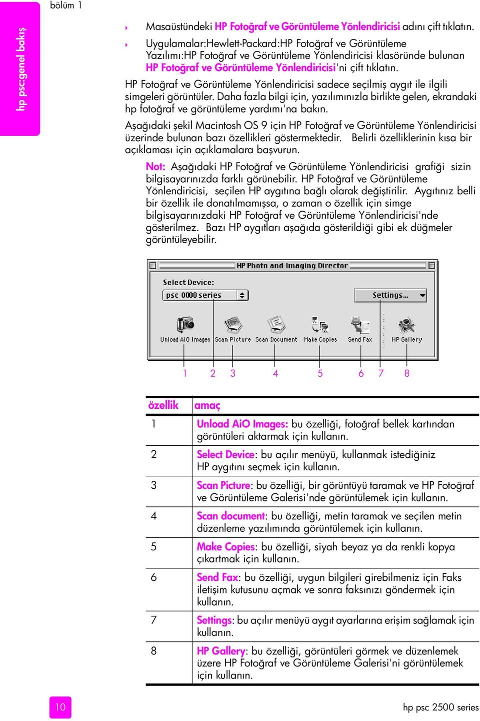 HP Fotoğraf ve Görüntüleme Yönlendiricisi sadece seçilmiş aygıt ile ilgili simgeleri görüntüler.