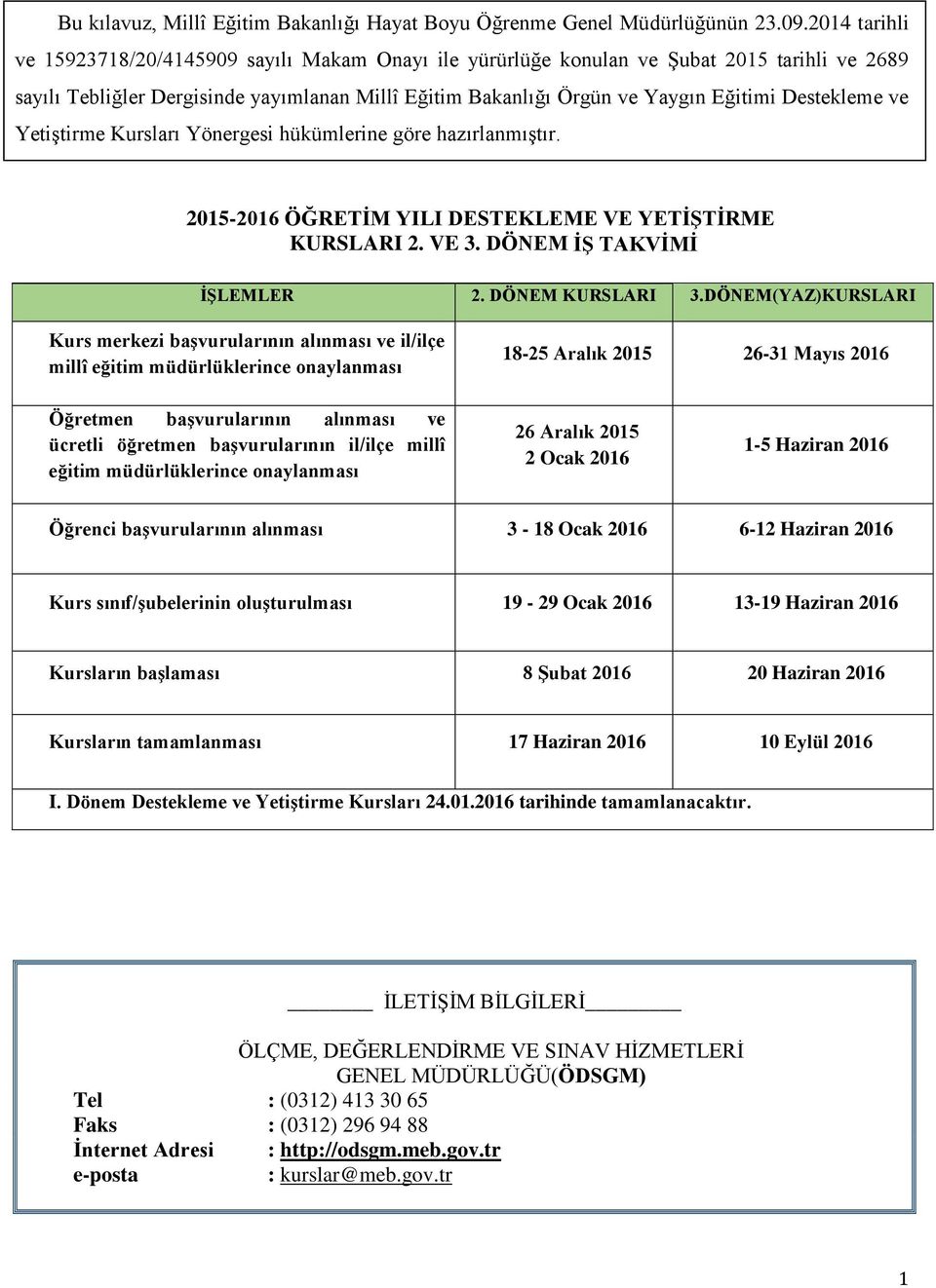 Destekleme ve Yetiştirme Kursları Yönergesi hükümlerine göre hazırlanmıştır. 2015-2016 ÖĞRETİM YILI DESTEKLEME VE YETİŞTİRME KURSLARI 2. VE 3. DÖNEM İŞ TAKVİMİ İŞLEMLER 2. DÖNEM KURSLARI 3.