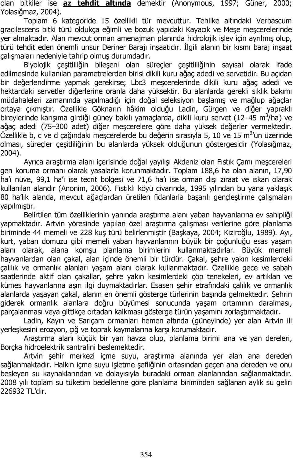 Alan mevcut orman amenajman planında hidrolojik işlev için ayrılmış olup, türü tehdit eden önemli unsur Deriner Barajı inşaatıdır.