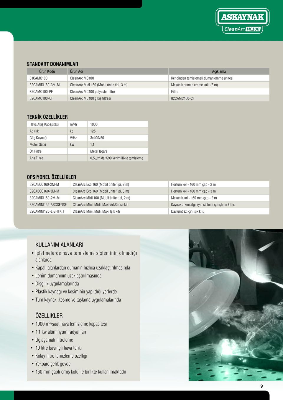 V/Hz 3x400/50 Motor Gücü kw 1,1 Ön Filtre Metal Izgara Ana Filtre 0,5 µm de %99 verimlilikte temizleme OPSİYONEL ÖZELLİKLER 82CAECO160-2M-M CleanArc Eco 160 (Mobil ünite tipi, 2 m) Hortum kol - 160