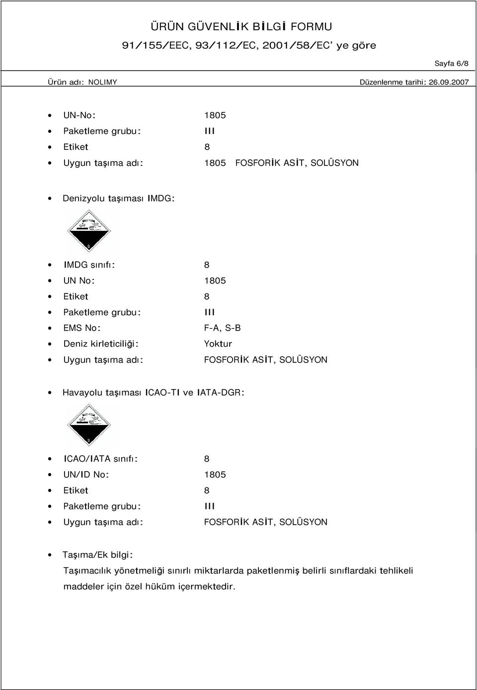 taşıması ICAO-TI ve IATA-DGR: ICAO/IATA sınıfı: 8 UN/ID No: 1805 Etiket 8 Paketleme grubu: III Uygun taşıma adı: FOSFORĐK ASĐT, SOLÜSYON