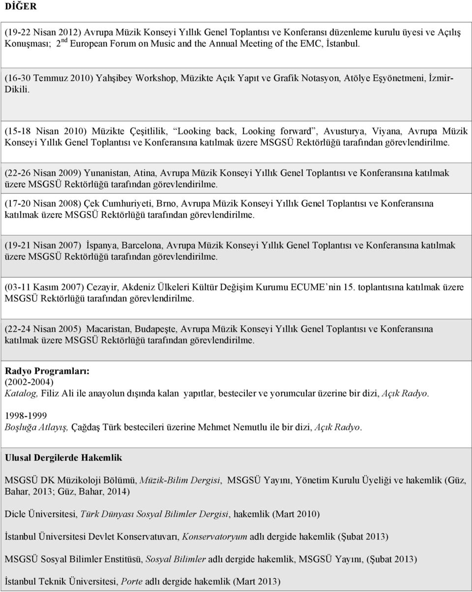 (15-18 Nisan 2010) Müzikte Çeşitlilik, Looking back, Looking forward, Avusturya, Viyana, Avrupa Müzik Konseyi Yıllık Genel Toplantısı ve Konferansına katılmak üzere MSGSÜ Rektörlüğü tarafından