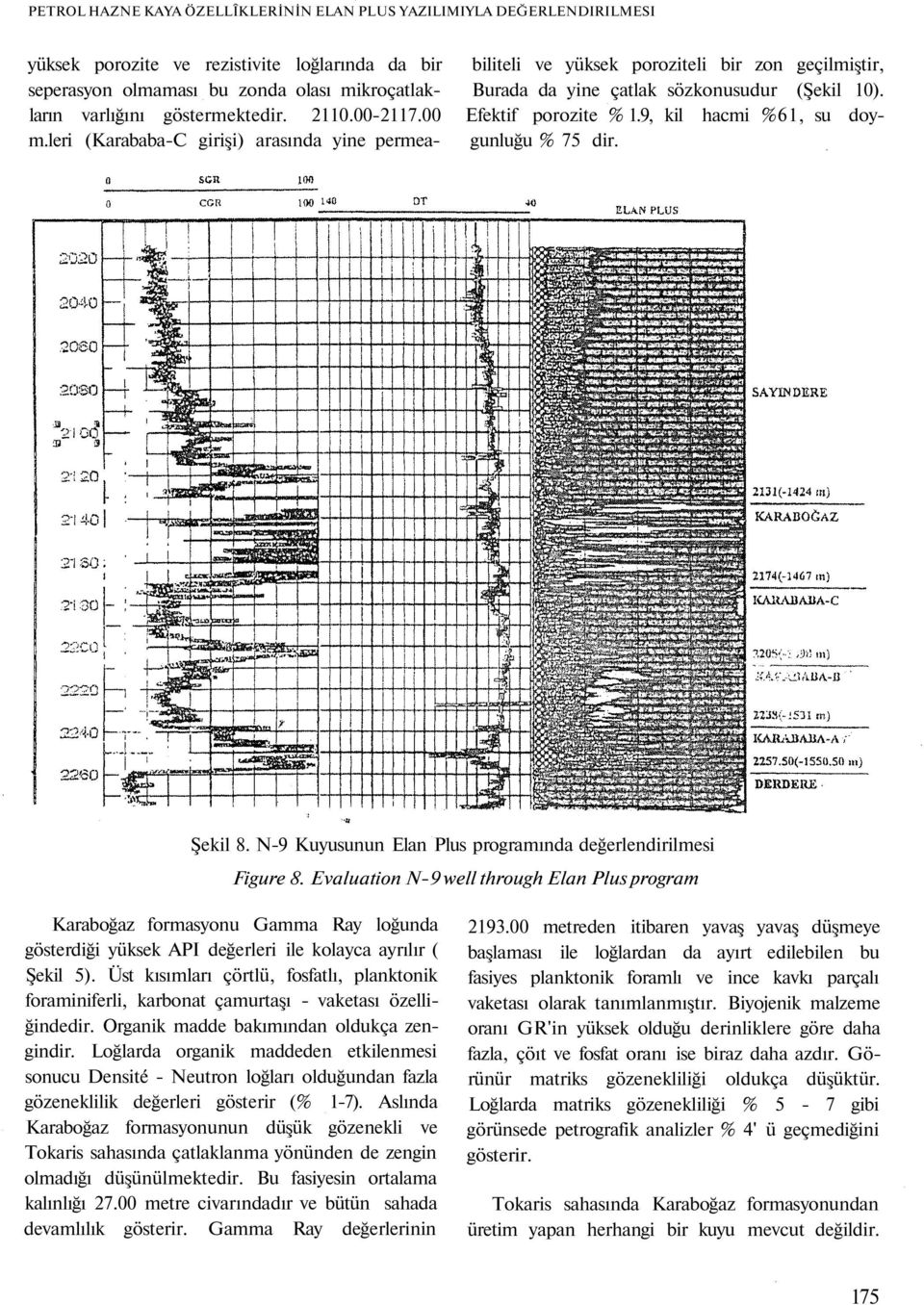 leri (Karababa-C girişi) arasında yine permea- gunluğu % 75 dir. Şekil 8. N-9 Kuyusunun Elan Plus programında değerlendirilmesi Figure 8.