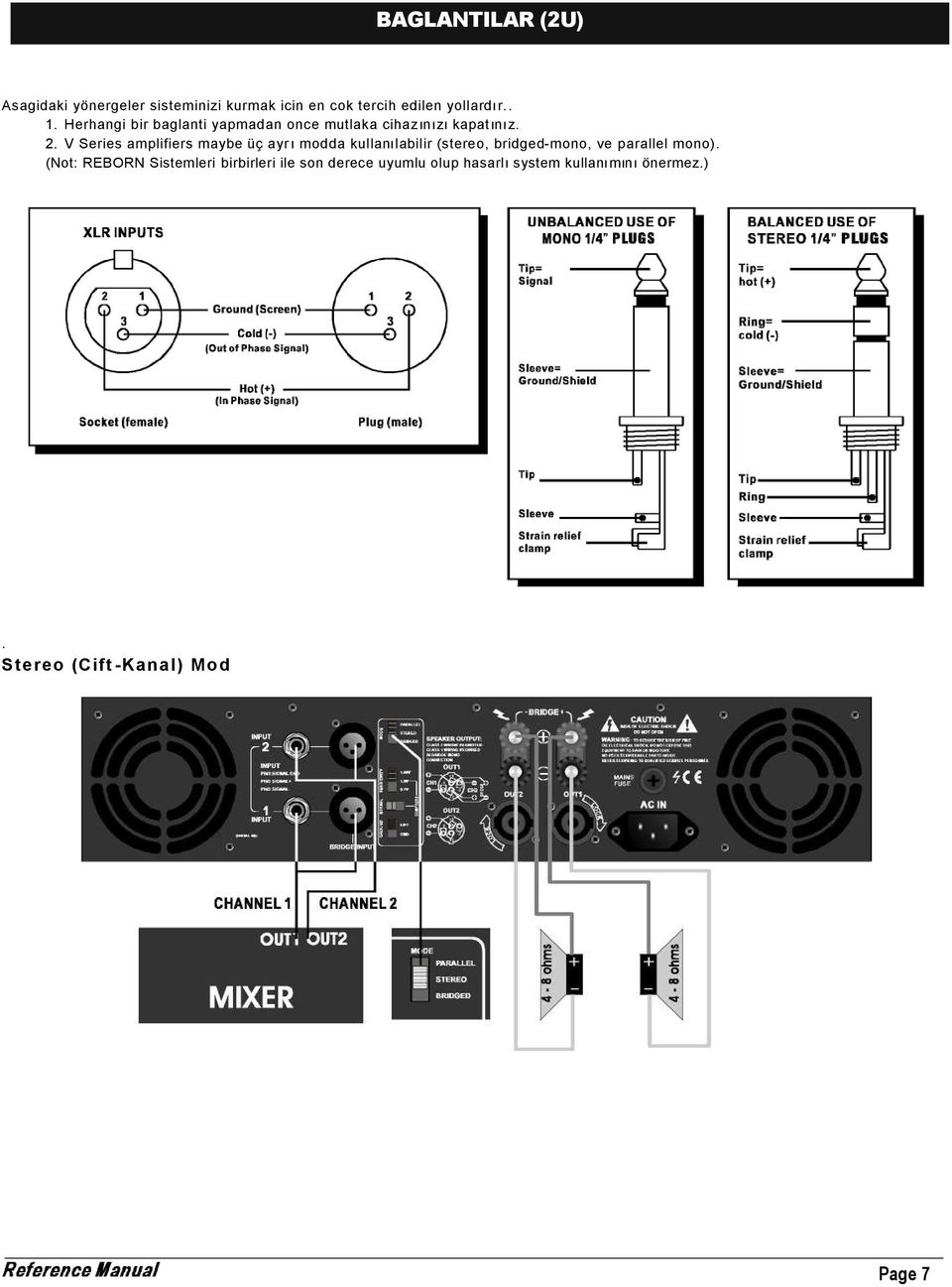 V Series amplifiers maybe üç ayr ımodda kullanılabilir (stereo, bridged-mono, ve parallel mono).