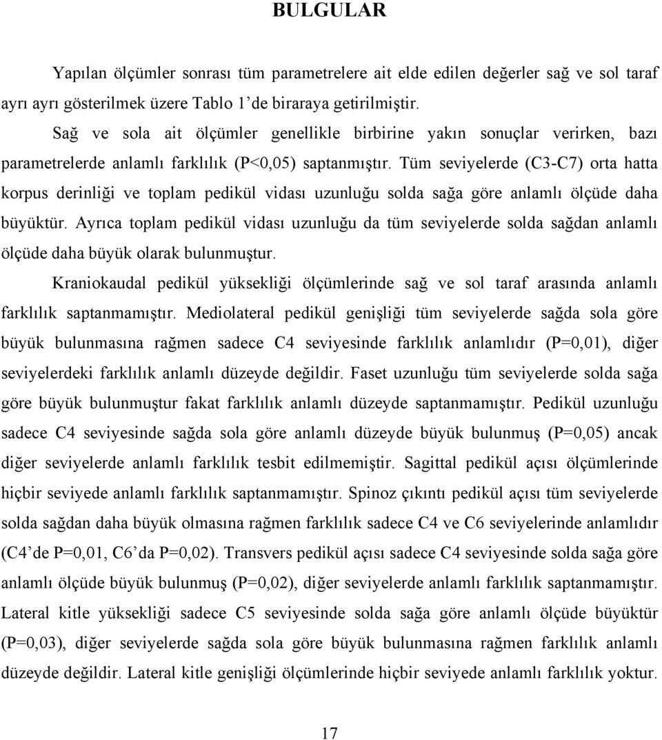 Tüm seviyelerde (C3-C7) orta hatta korpus derinliği ve toplam pedikül vidası uzunluğu solda sağa göre anlamlı ölçüde daha büyüktür.