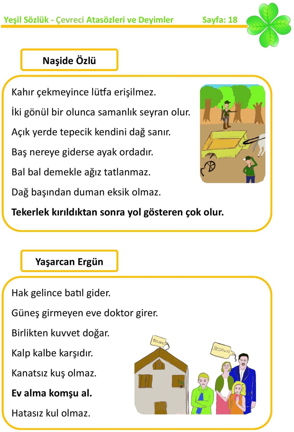 Bal bal demekle ağız tatlanmaz. Dağ başından duman eksik olmaz. Tekerlek kırıldıktan sonra yol gösteren çok olur.