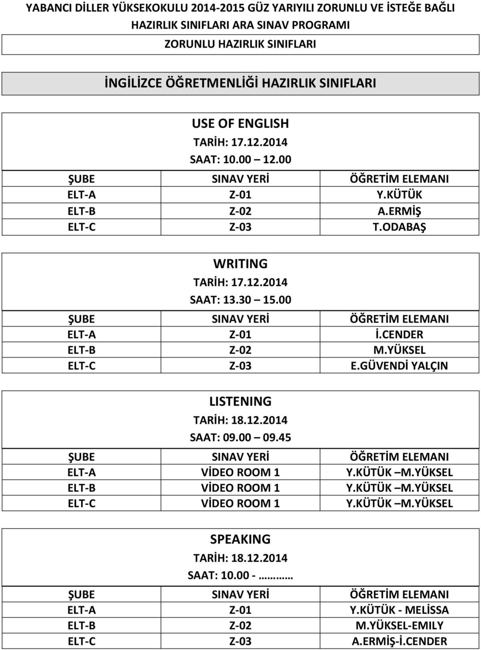 CENDER ELT-B Z-02 M.YÜKSEL ELT-C Z-03 E.GÜVENDİ YALÇIN LISTENING SAAT: 09.00 09.45 ELT-A VİDEO ROOM 1 Y.KÜTÜK M.YÜKSEL ELT-B VİDEO ROOM 1 Y.