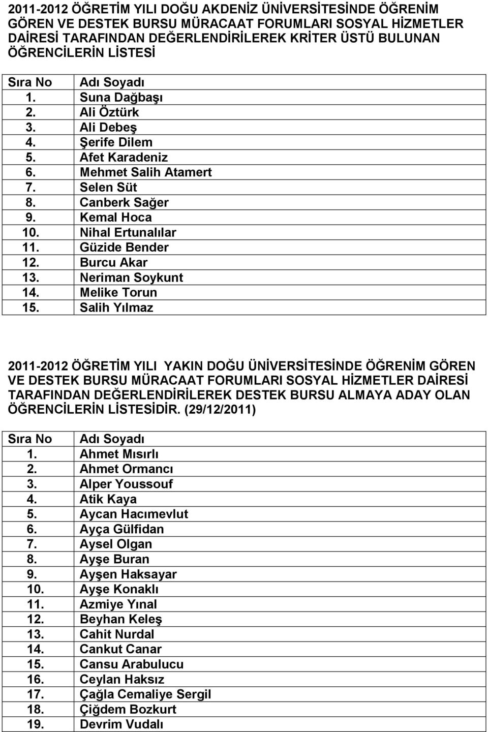 Salih Yılmaz 2011-2012 ÖĞRETİM YILI YAKIN DOĞU ÜNİVERSİTESİNDE ÖĞRENİM GÖREN VE DESTEK BURSU MÜRACAAT FORUMLARI SOSYAL HİZMETLER DAİRESİ TARAFINDAN DEĞERLENDİRİLEREK DESTEK BURSU ALMAYA ADAY OLAN