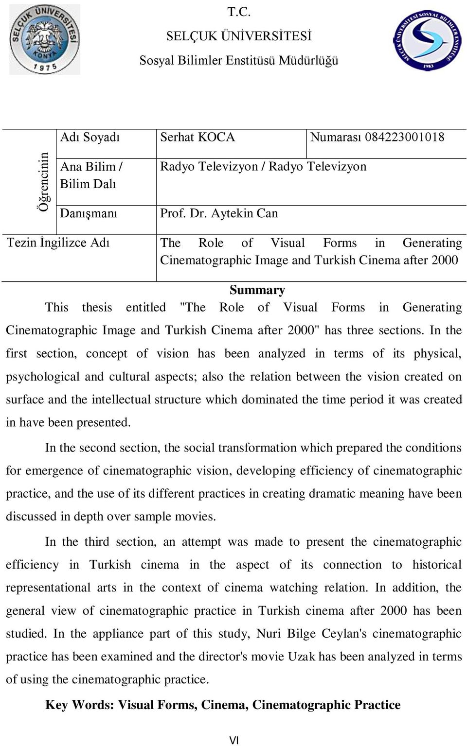 Cinematographic Image and Turkish Cinema after 2000" has three sections.