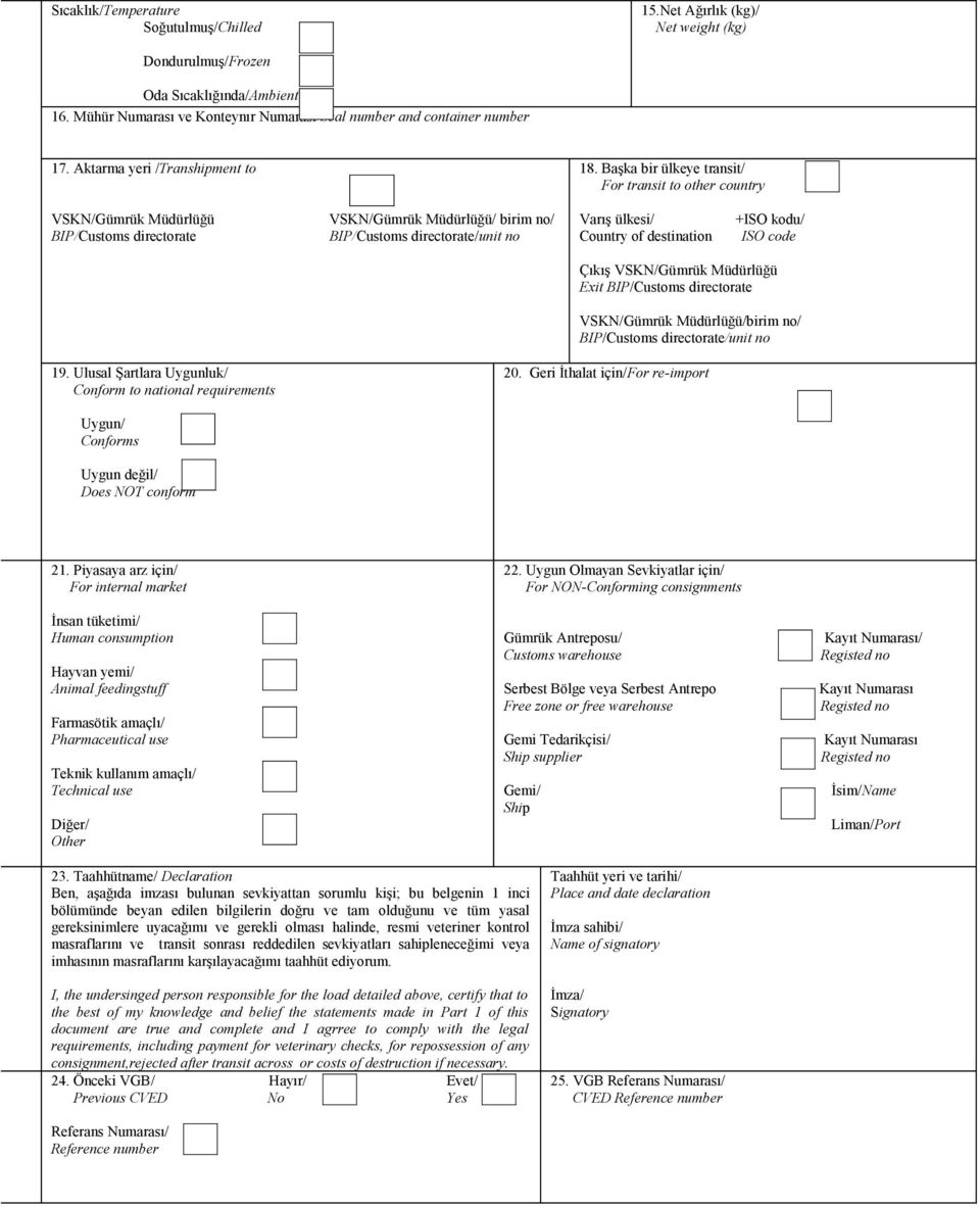 Başka bir ülkeye transit/ For transit to other country VSKN/Gümrük Müdürlüğü BIP/Customs directorate VSKN/Gümrük Müdürlüğü/ birim no/ BIP/Customs directorate/unit no Varış ülkesi/ Country of