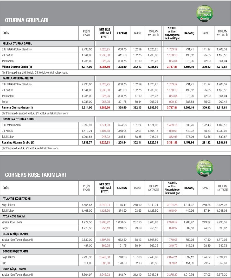 717,81 (1) 3'lü yataklı-sandıklı koltuk, 2'li koltuk ve tekli koltuk içerir. PAMELA OTURMA GRUBU 3'lü Yataklı Koltuk (Sandıklı) 2.435,00 1.826,25 608,75 152,19 1.826,25 1.703,59 731,41 141,97 1.