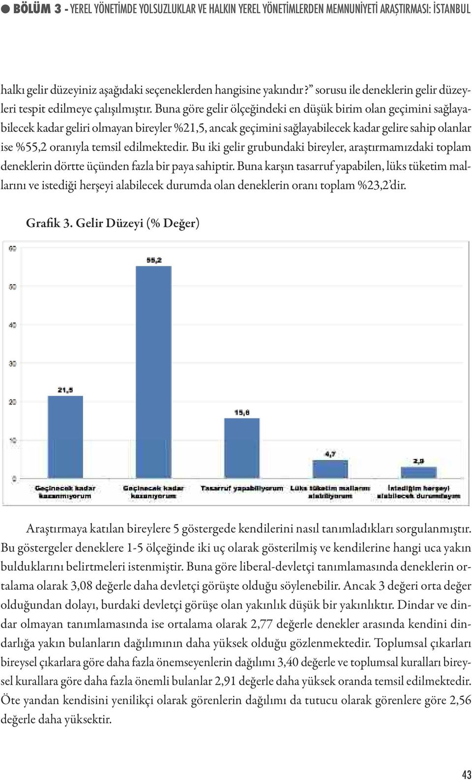 Buna göre gelir ölçeğindeki en düşük birim olan geçimini sağlayabilecek kadar geliri olmayan bireyler %21,5, ancak geçimini sağlayabilecek kadar gelire sahip olanlar ise %55,2 oranıyla temsil