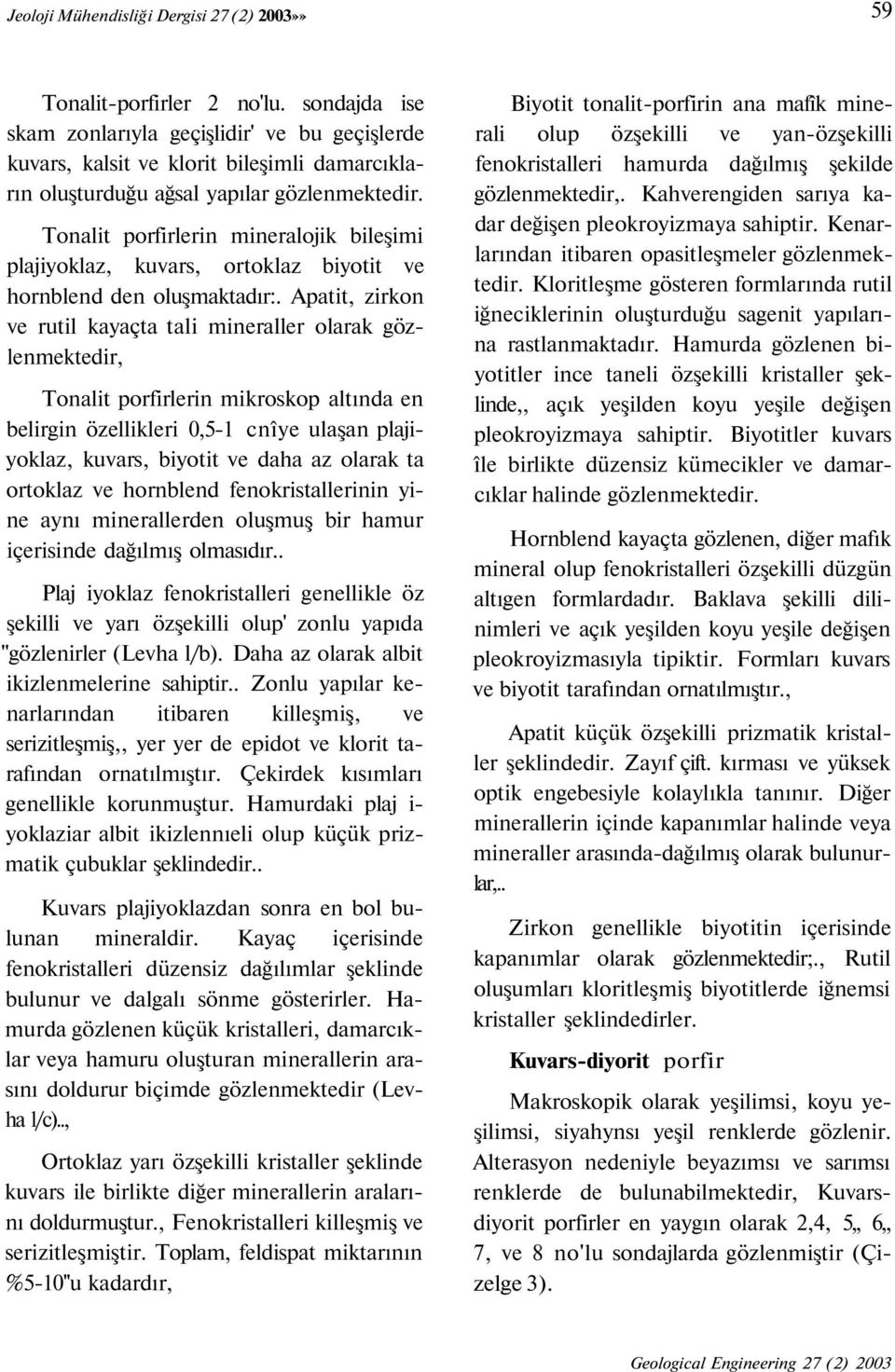 Tonalit porfirlerin mineralojik bileşimi plajiyoklaz, kuvars, ortoklaz biyotit ve hornblend den oluşmaktadır:.