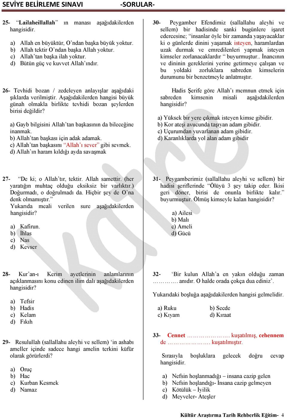 Aşağıdakilerden hangisi büyük günah olmakla birlikte tevhidi bozan şeylerden birisi değildir? a) Gayb bilgisini Allah tan başkasının da bileceğine inanmak. b) Allah tan başkası için adak adamak.