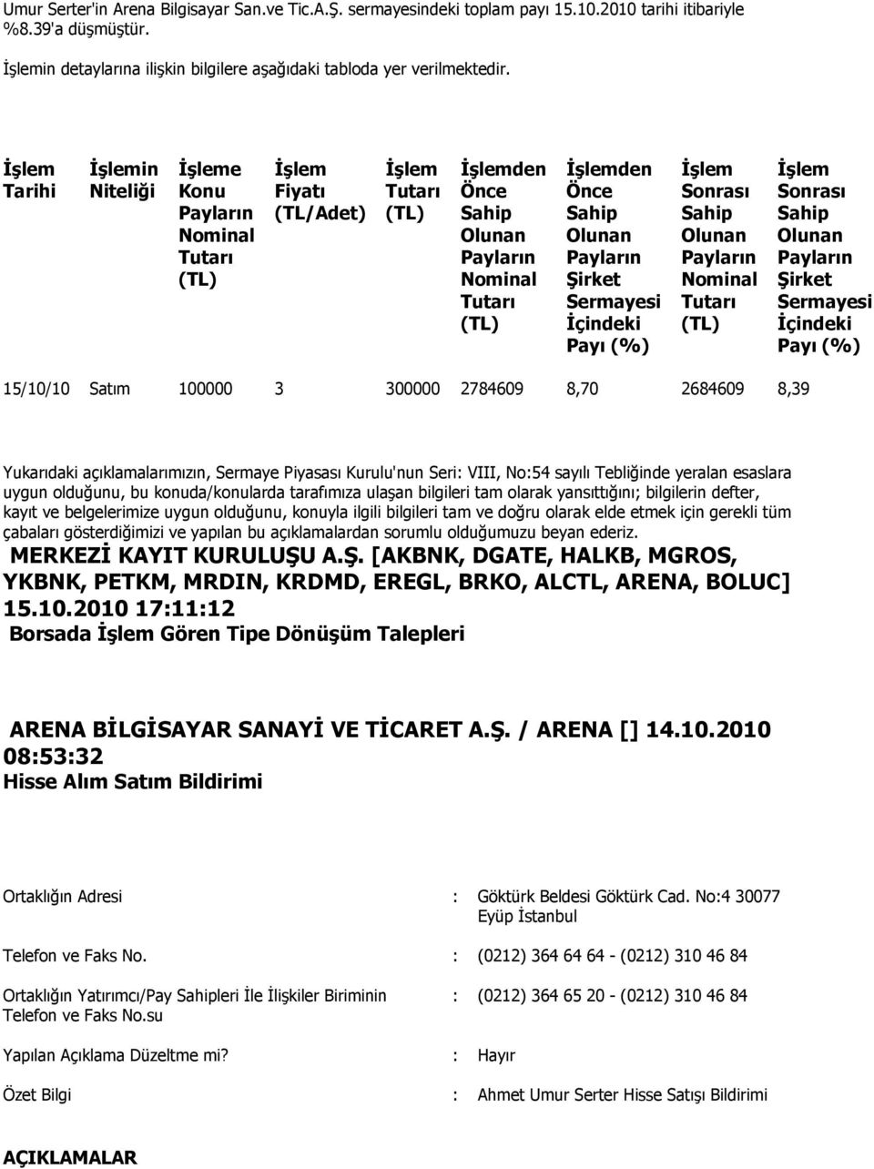 8,39 Yukarıdaki açıklamalarımızın, Sermaye Piyasası Kurulu'nun Seri: VIII, No:54 sayılı Tebliğinde yeralan esaslara kayıt ve belgelerimize uygun olduğunu, konuyla ilgili bilgileri tam ve doğru olarak